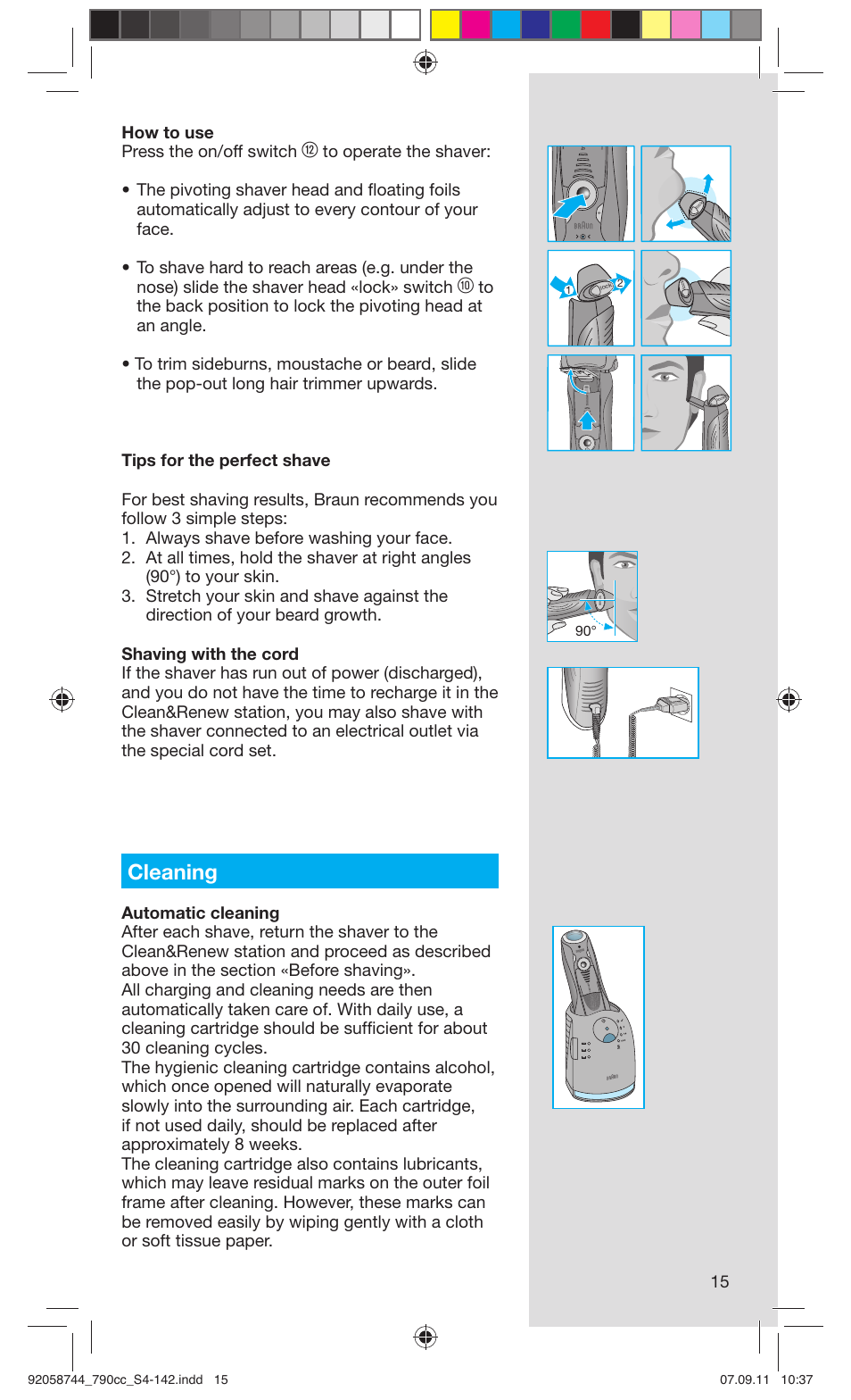 Cleaning, 15 how to use press the on/off switch | Braun 790cc-4 Series 7 User Manual | Page 15 / 140