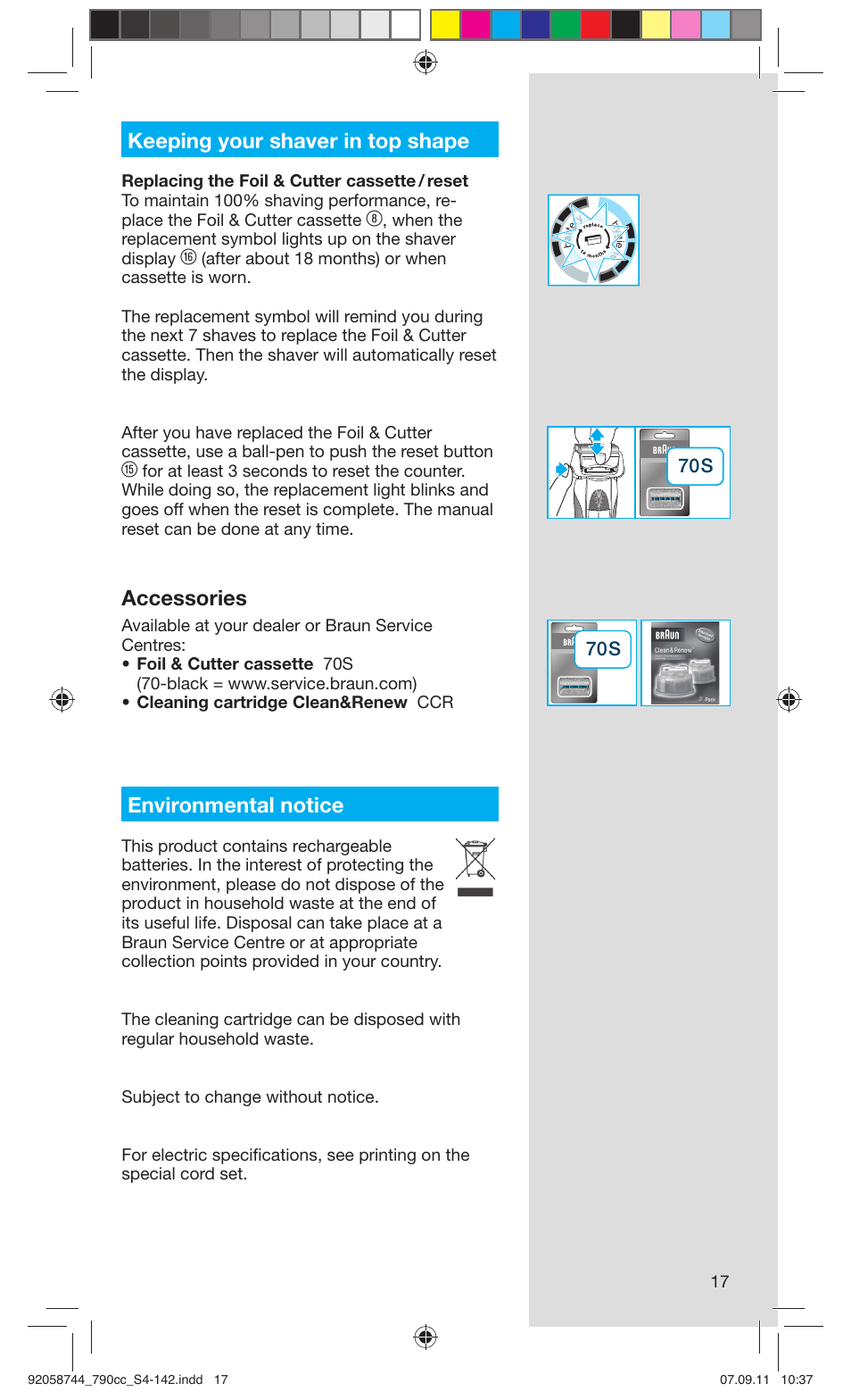 Keeping your shaver in top shape, Accessories, Environmental notice | Braun 790cc-4 Series 7 User Manual | Page 17 / 140