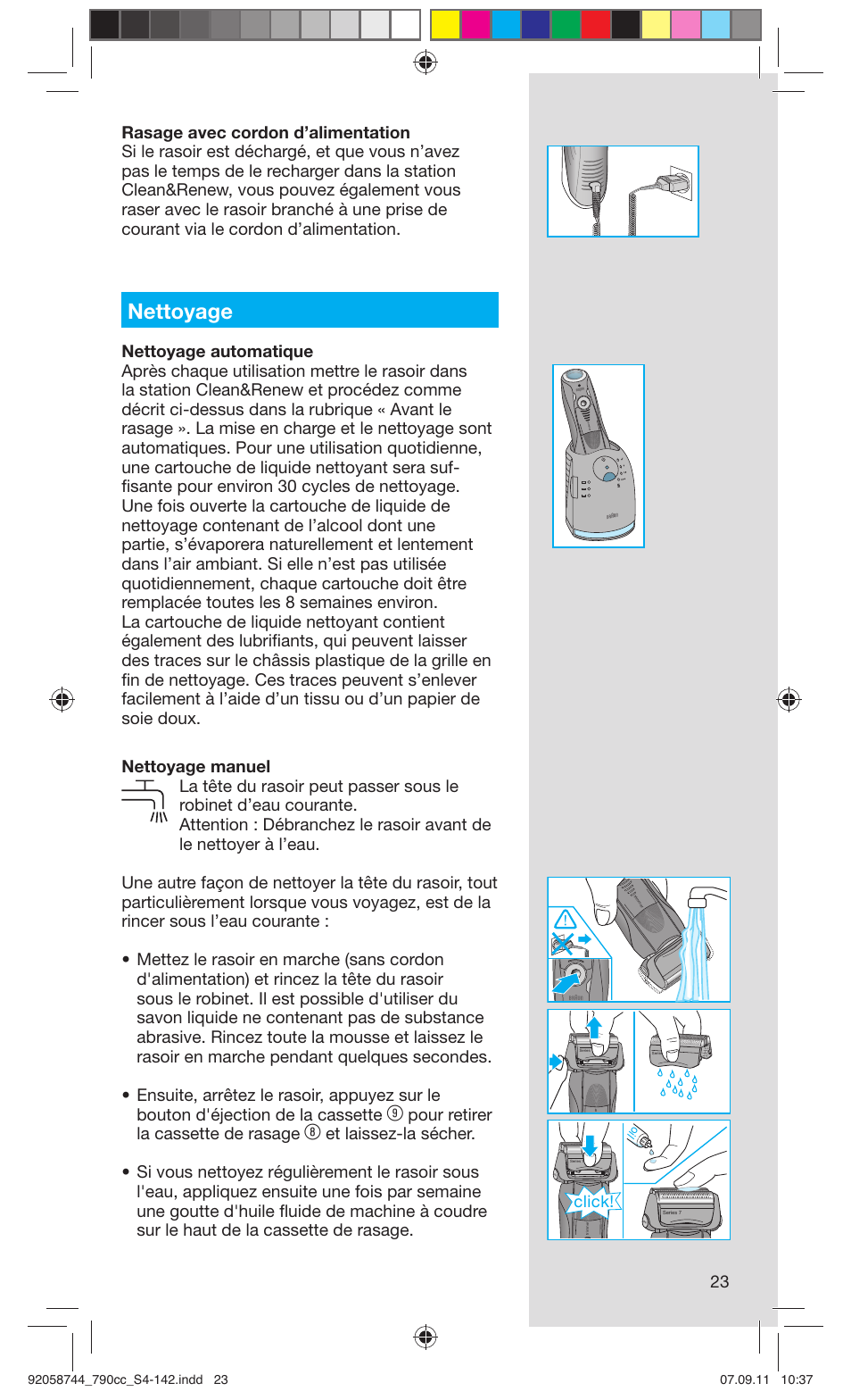 Nettoyage, Pour retirer la cassette de rasage, Click | Braun 790cc-4 Series 7 User Manual | Page 23 / 140