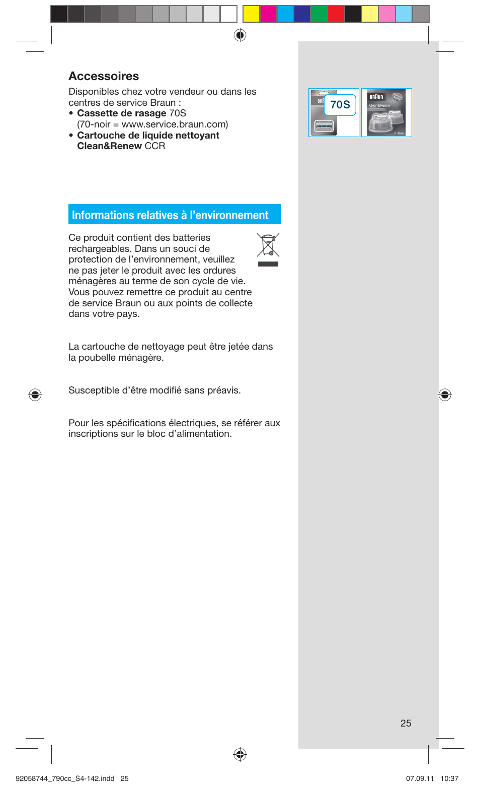 Accessoires, Informations relatives à l’environnement | Braun 790cc-4 Series 7 User Manual | Page 25 / 140