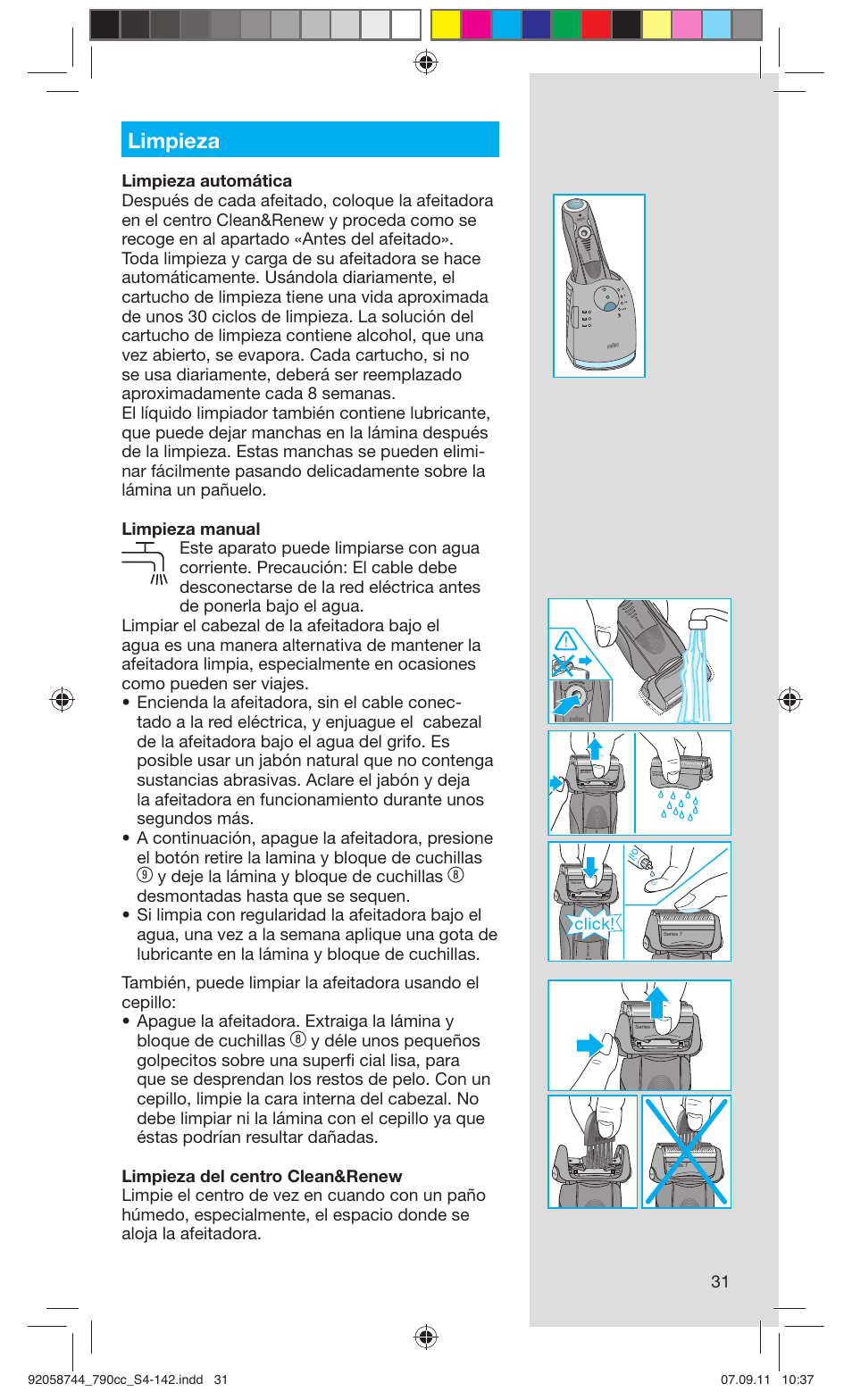 Limpieza, Y deje la lámina y bloque de cuchillas, Click | Braun 790cc-4 Series 7 User Manual | Page 31 / 140