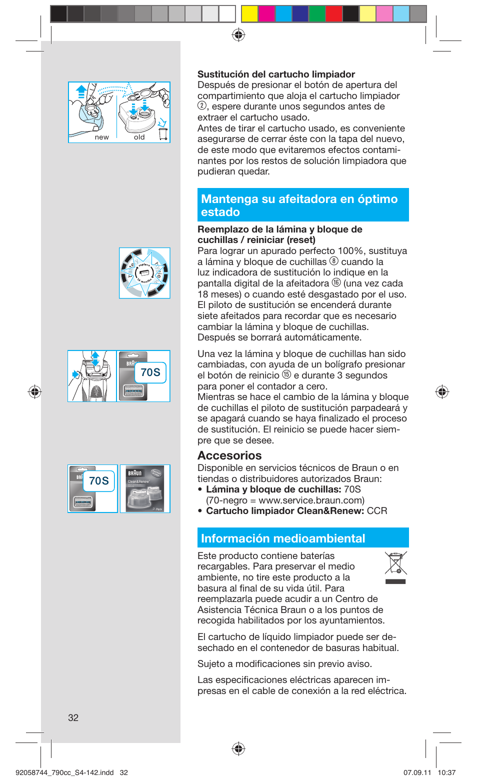 Mantenga su afeitadora en óptimo estado, Accesorios, Información medioambiental | Braun 790cc-4 Series 7 User Manual | Page 32 / 140