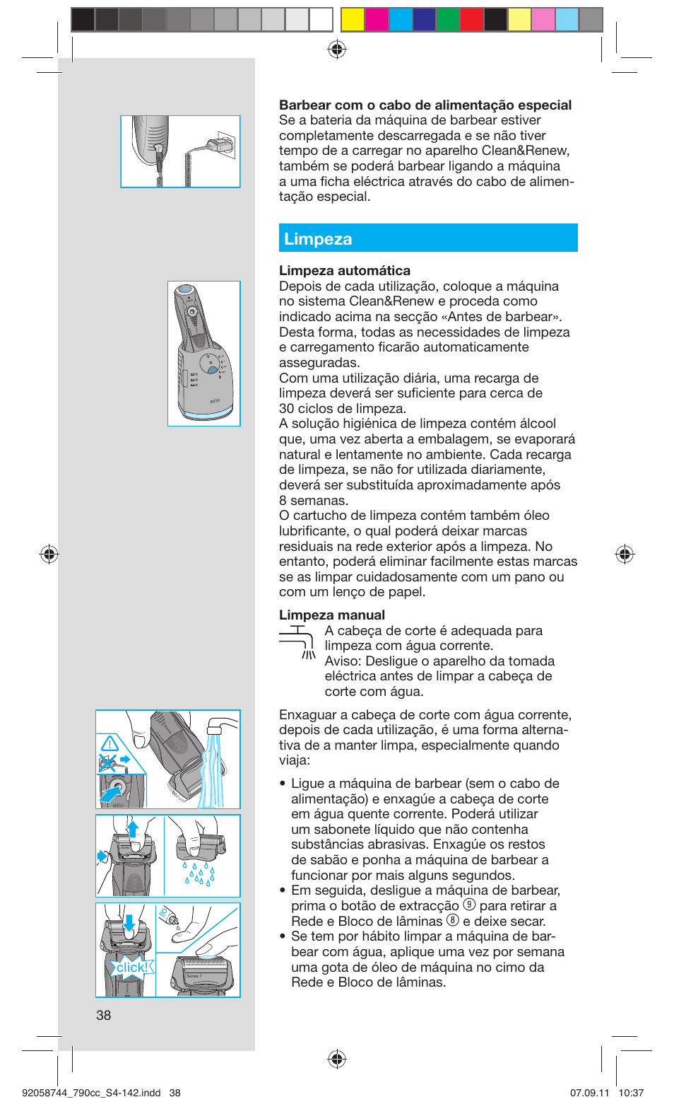 Limpeza, Para retirar a rede e bloco de lâminas, Click | Braun 790cc-4 Series 7 User Manual | Page 38 / 140