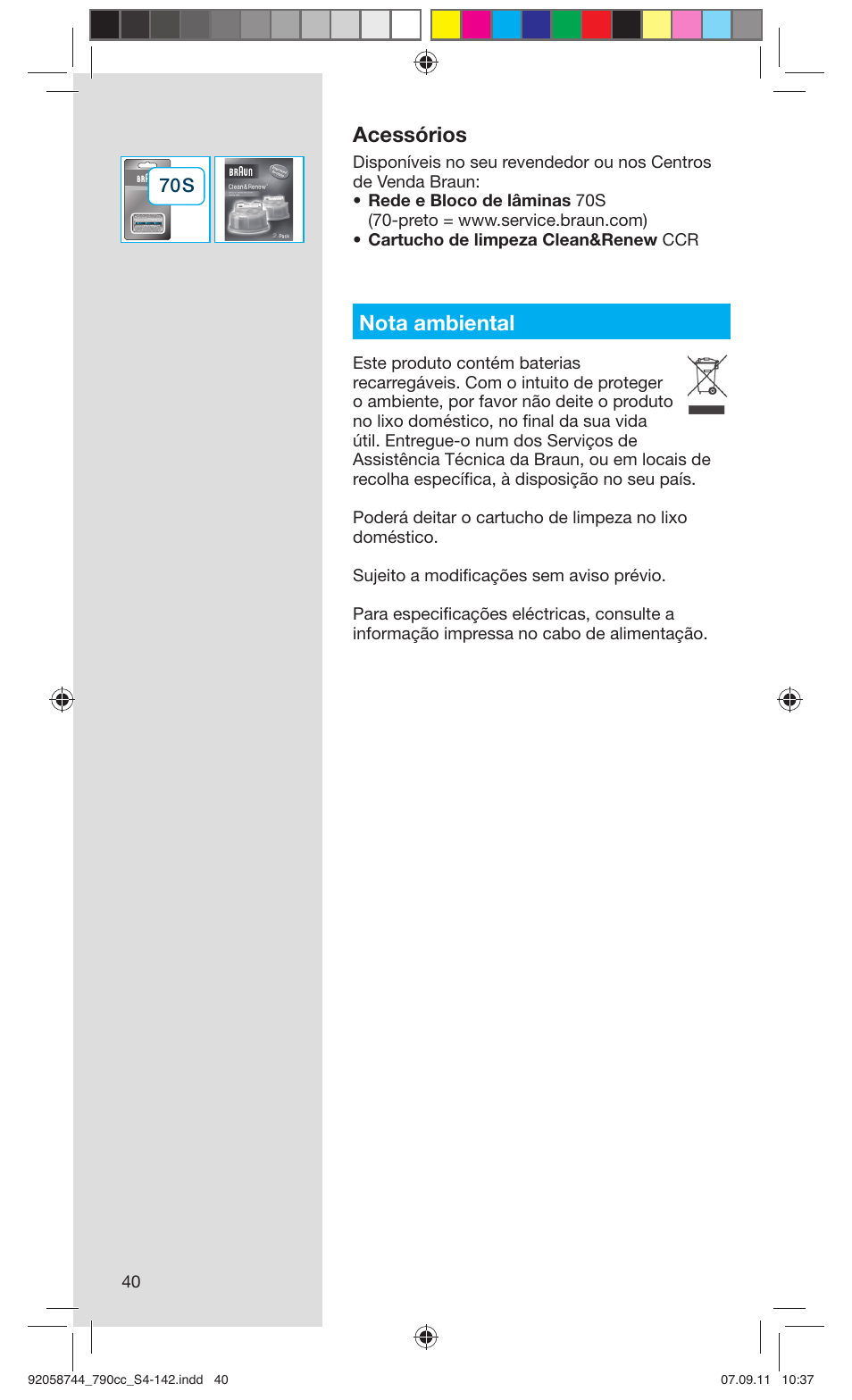 Acessórios, Nota ambiental | Braun 790cc-4 Series 7 User Manual | Page 40 / 140