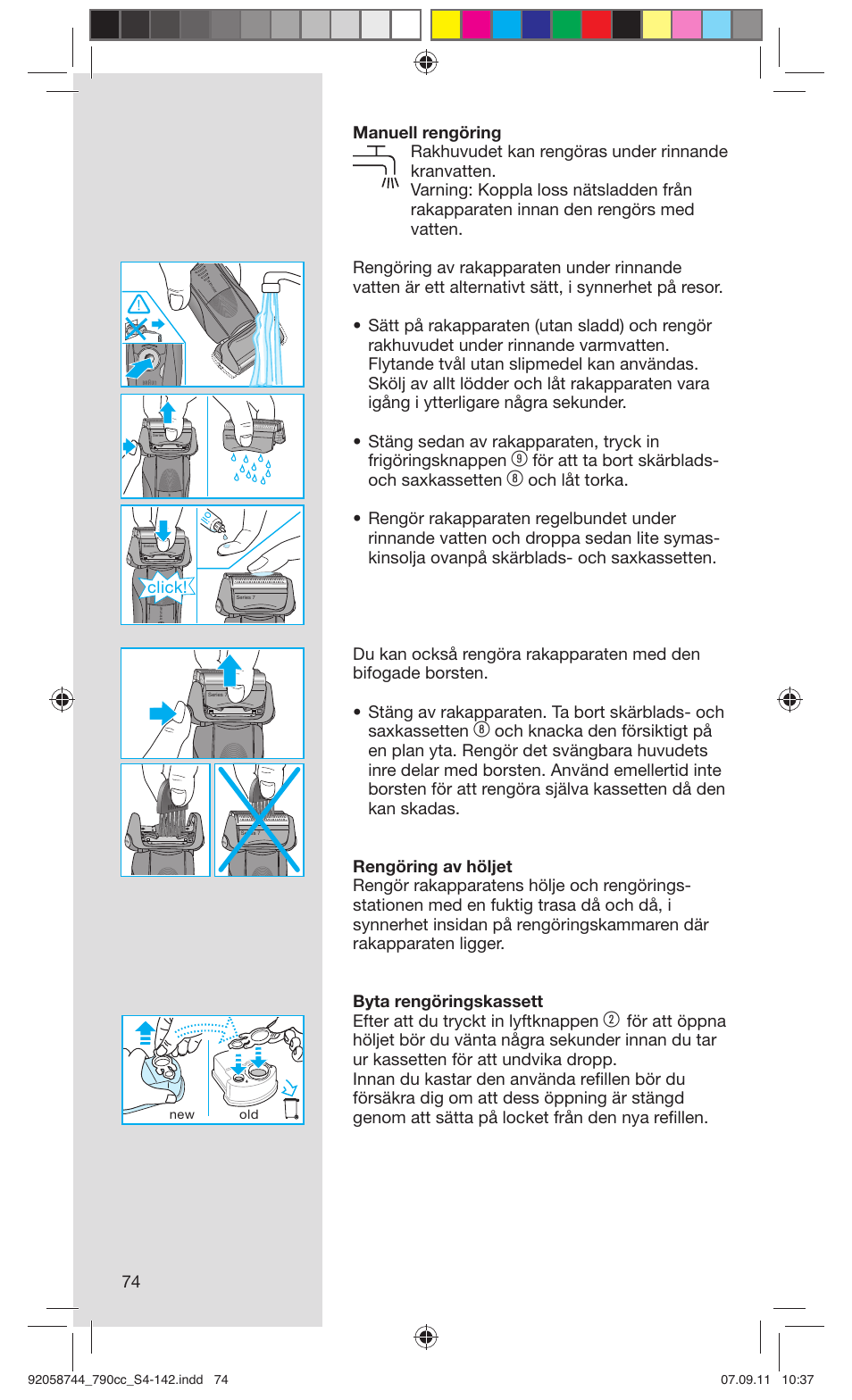 För att ta bort skärblads- och saxkassetten, Click | Braun 790cc-4 Series 7 User Manual | Page 74 / 140