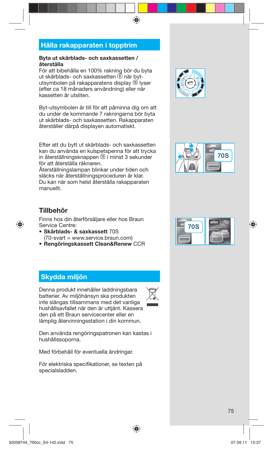 Hålla rakapparaten i topptrim, Tillbehör, Skydda miljön | Braun 790cc-4 Series 7 User Manual | Page 75 / 140
