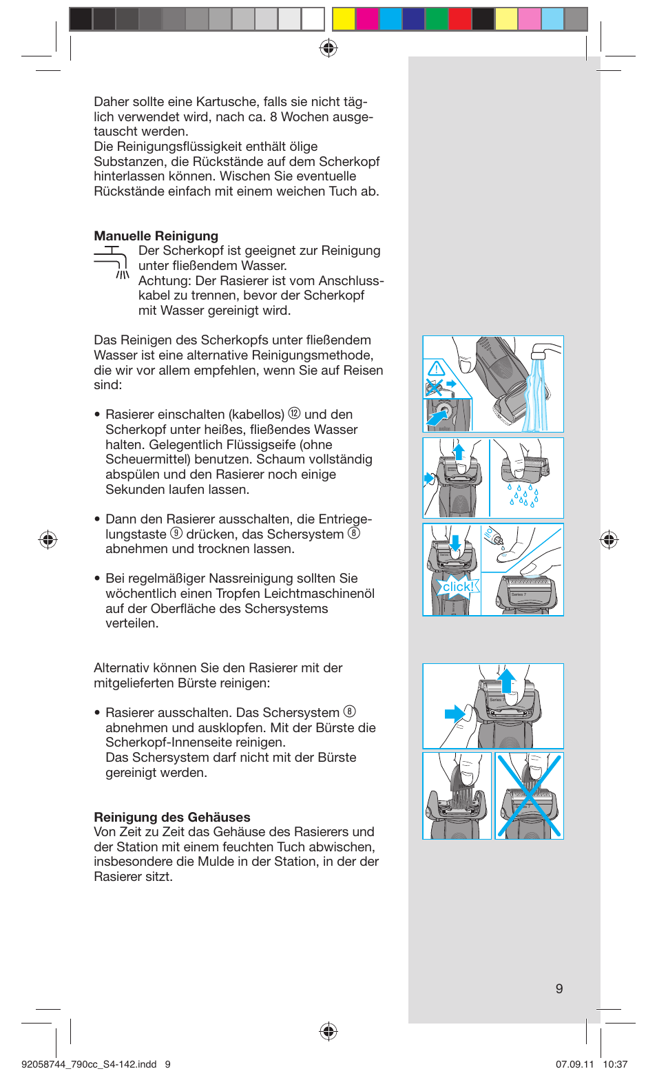 Drücken, das schersystem, Click | Braun 790cc-4 Series 7 User Manual | Page 9 / 140