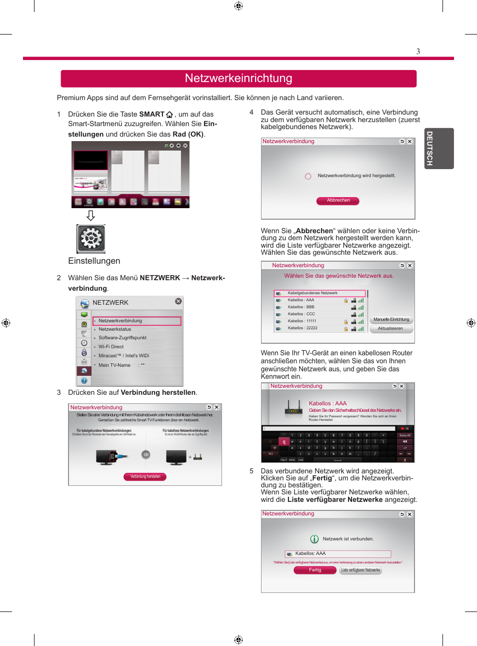Netzwerkeinrichtung, De u, Einstellungen | LG 24MT35S User Manual | Page 15 / 62