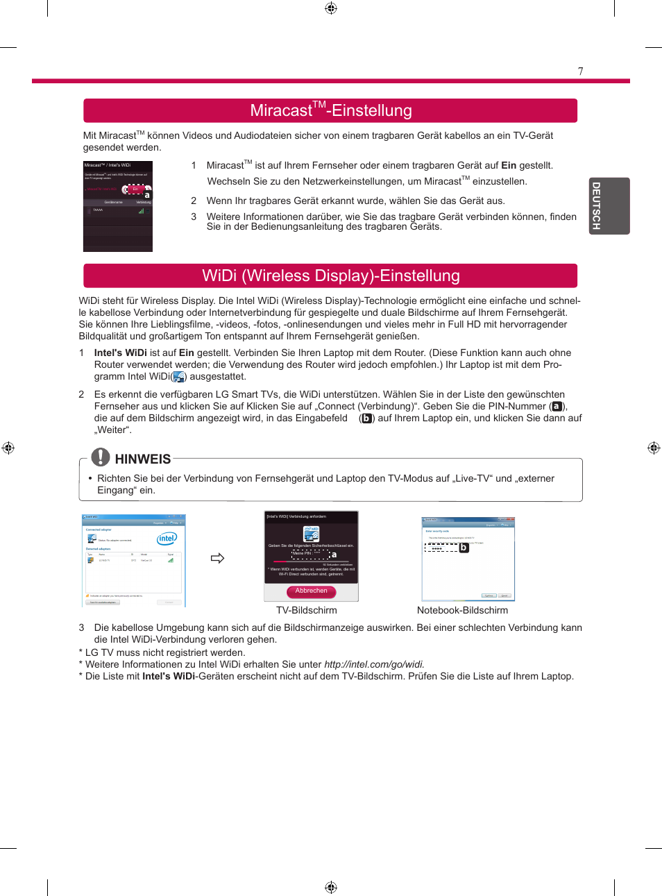 Miracast, Einstellung widi (wireless display)-einstellung, De u | Hinweis | LG 24MT35S User Manual | Page 19 / 62