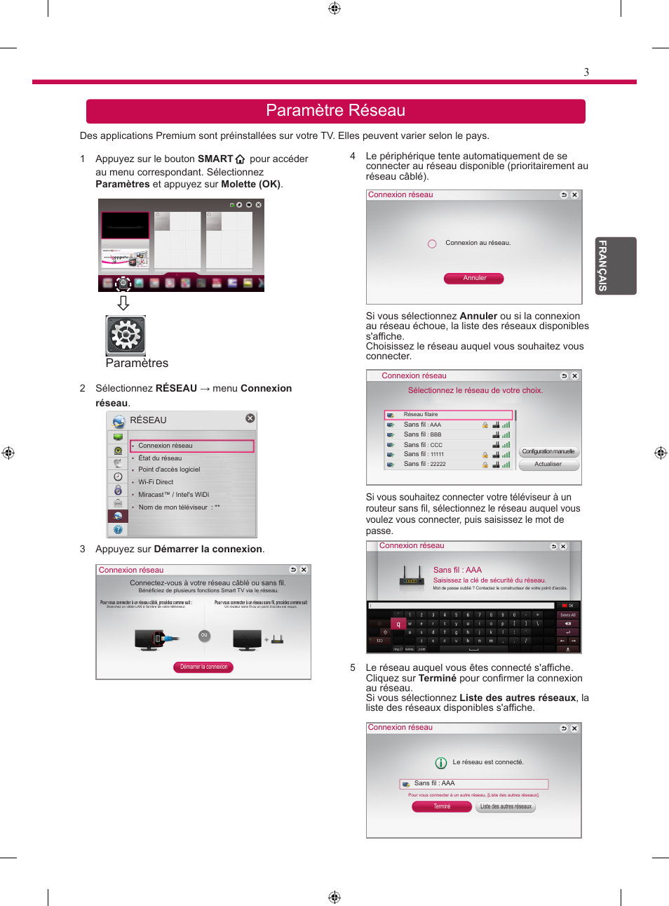 Paramètre réseau, Paramètres | LG 24MT35S User Manual | Page 25 / 62