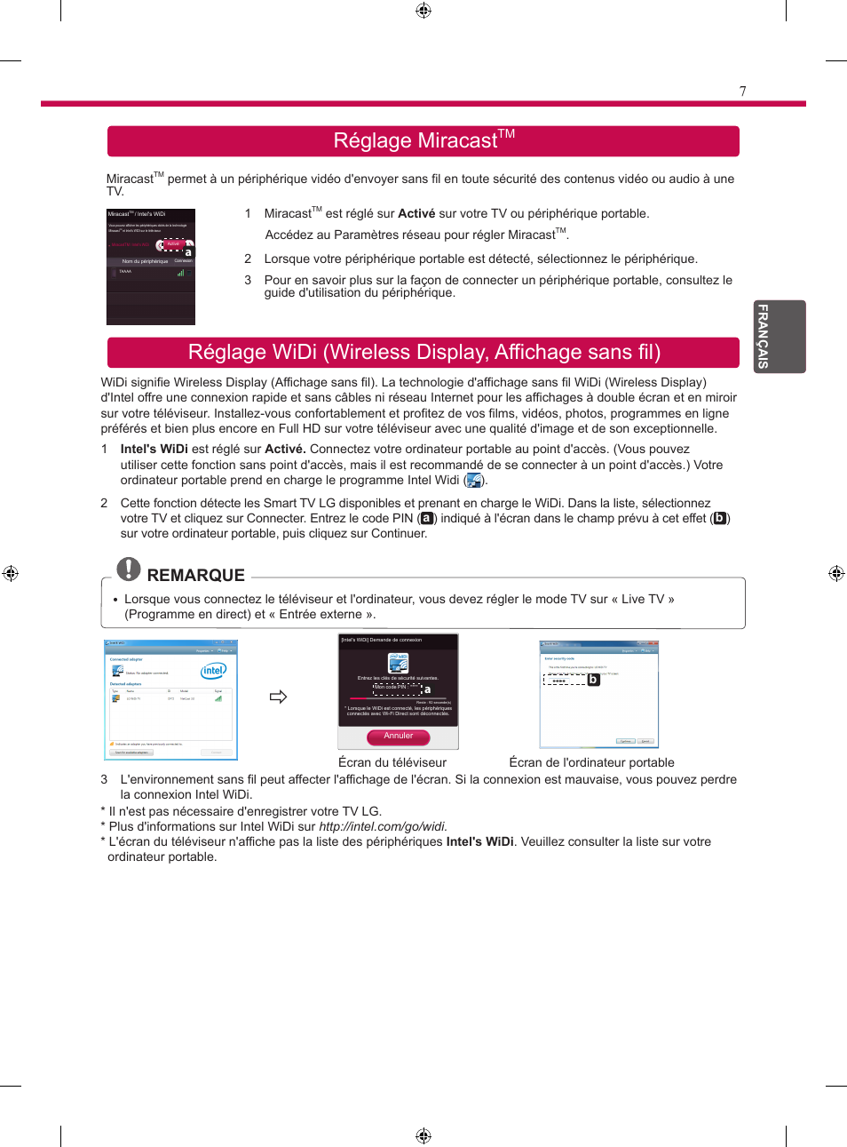 Réglage miracast, Remarque | LG 24MT35S User Manual | Page 29 / 62
