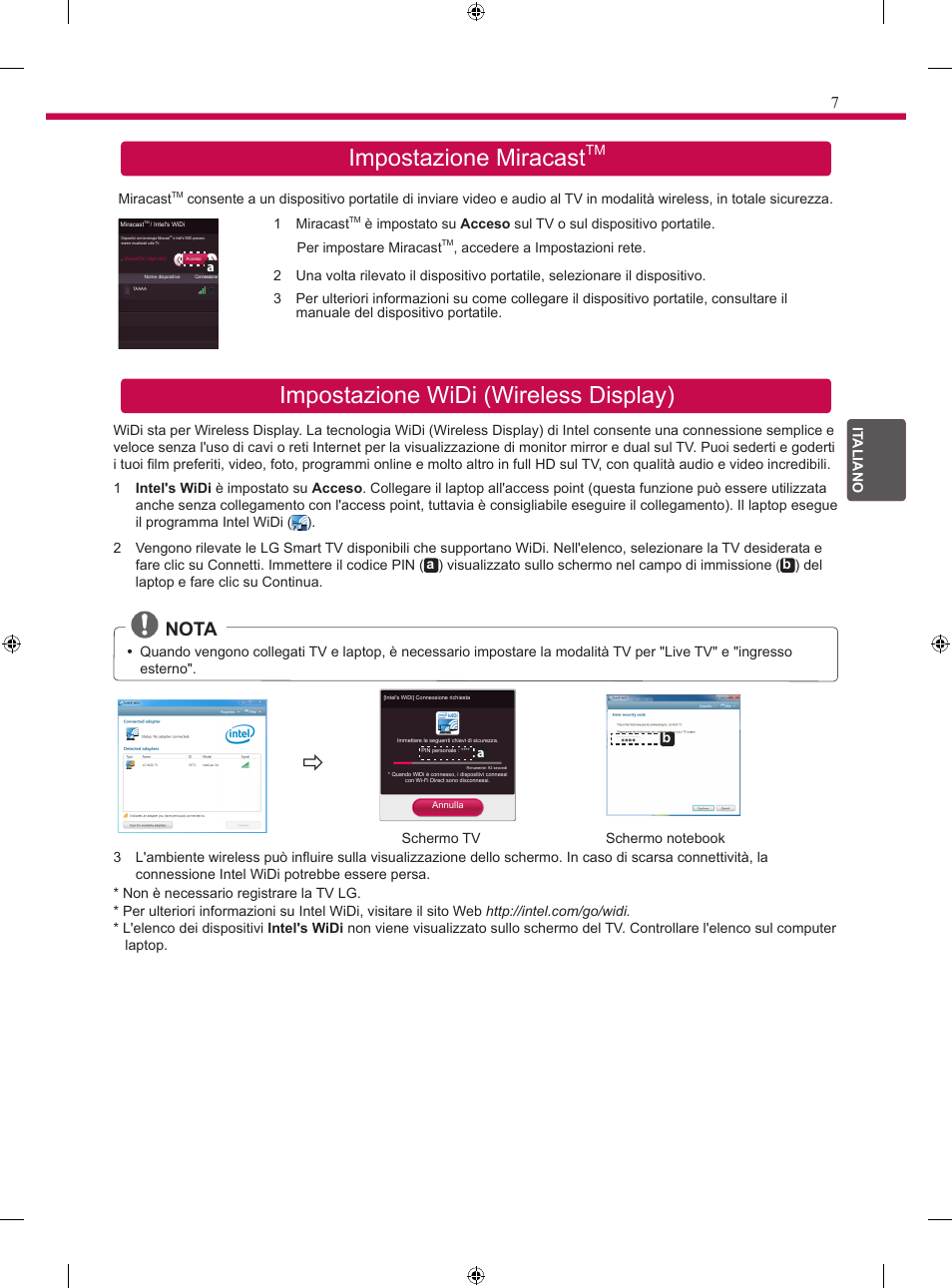 Impostazione miracast, Impostazione widi (wireless display), It a | Nota | LG 24MT35S User Manual | Page 39 / 62