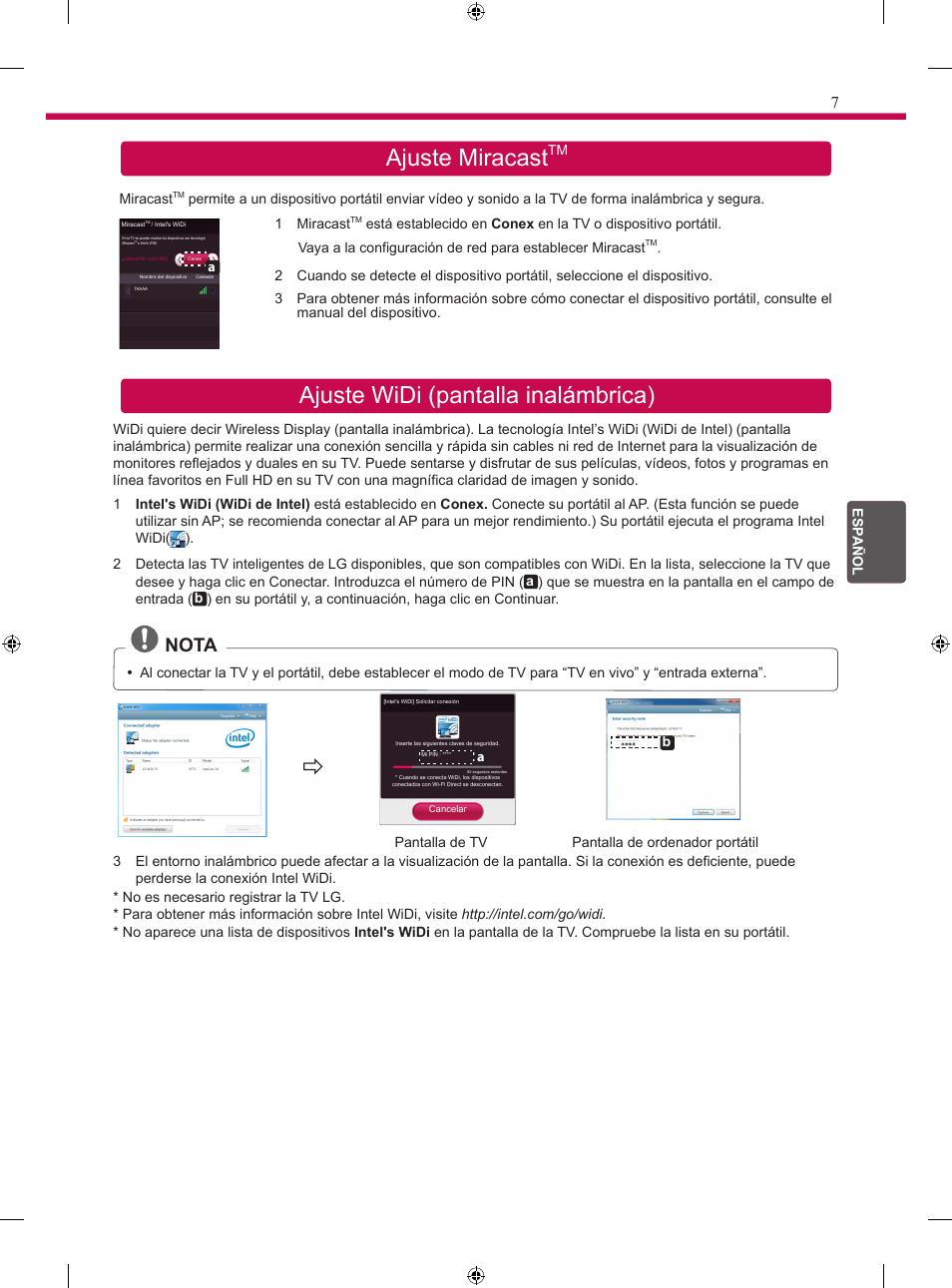 Ajuste miracast, Ajuste widi (pantalla inalámbrica), Nota | LG 24MT35S User Manual | Page 49 / 62