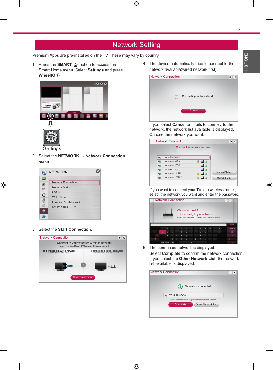 Network setting, Settings | LG 24MT35S User Manual | Page 5 / 62