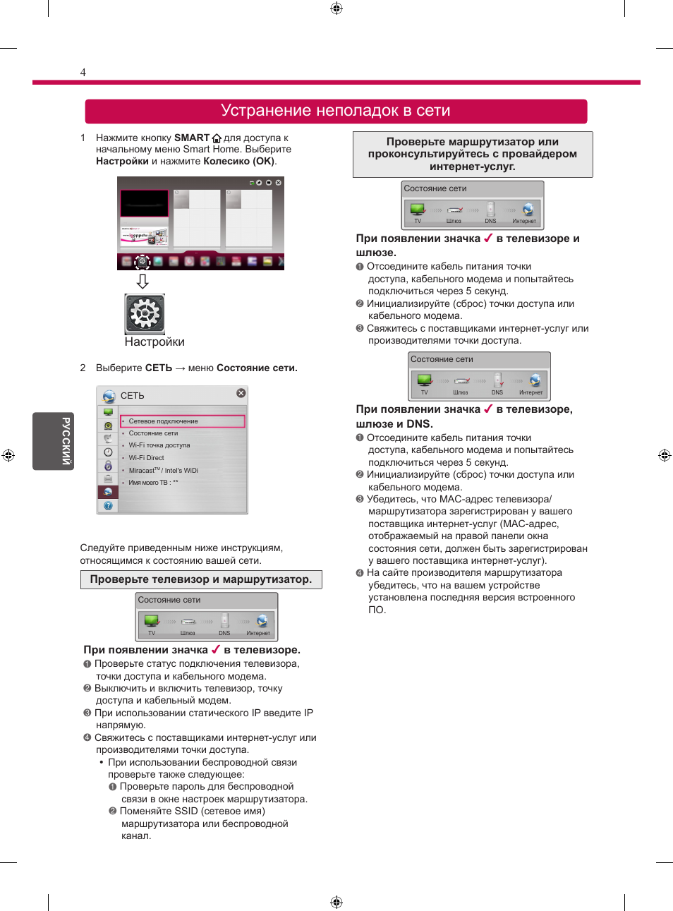 Устранение неполадок в сети | LG 24MT35S User Manual | Page 56 / 62