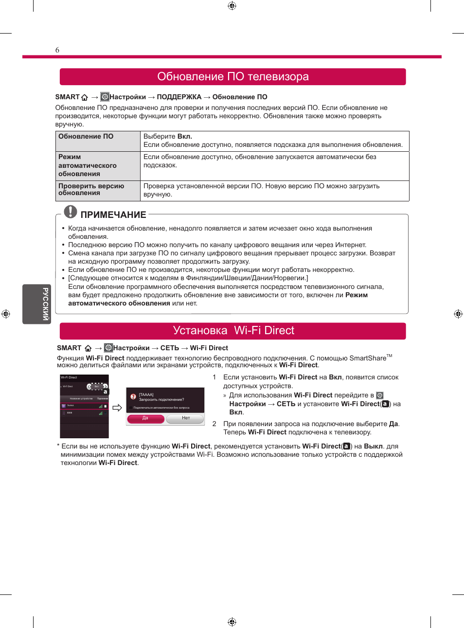 Обновление по телевизора установка wi-fi direct, Примечание | LG 24MT35S User Manual | Page 58 / 62