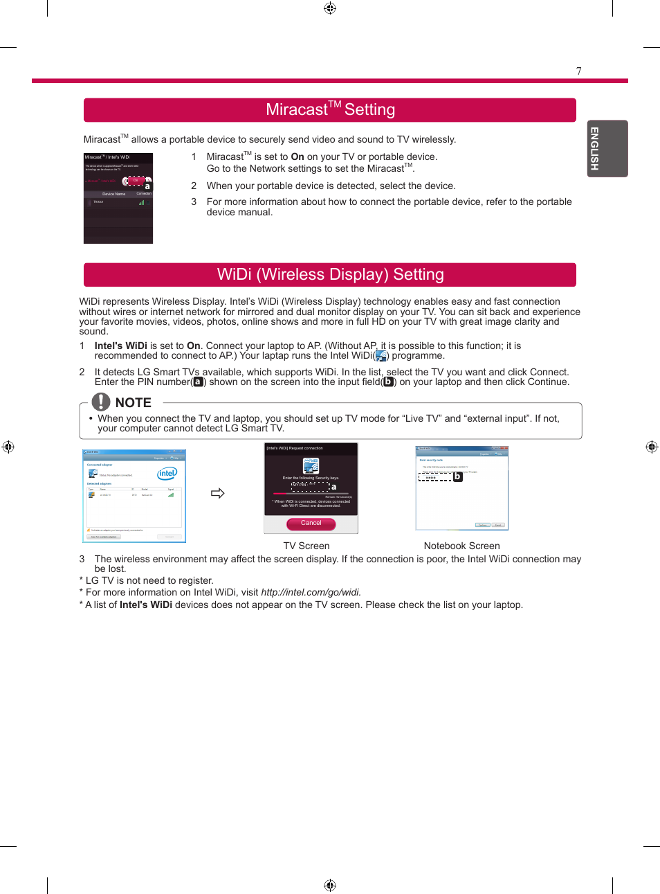 Miracast, Setting widi (wireless display) setting | LG 24MT35S User Manual | Page 9 / 62