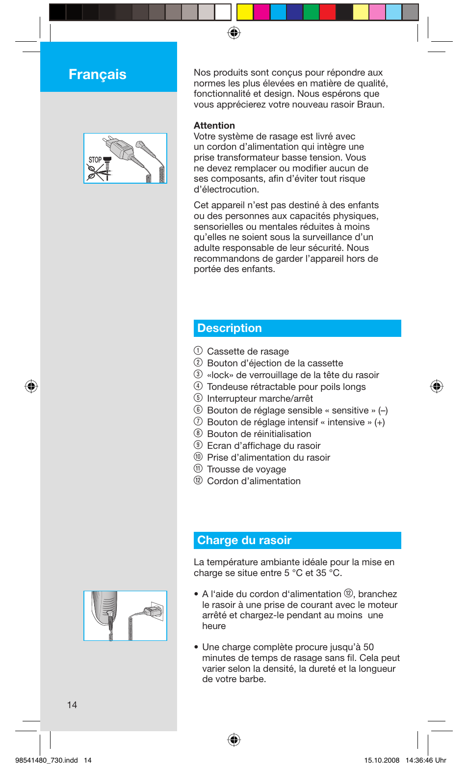 Français, Description 1, Charge du rasoir | Braun 730-5694 Series 7 User Manual | Page 14 / 68