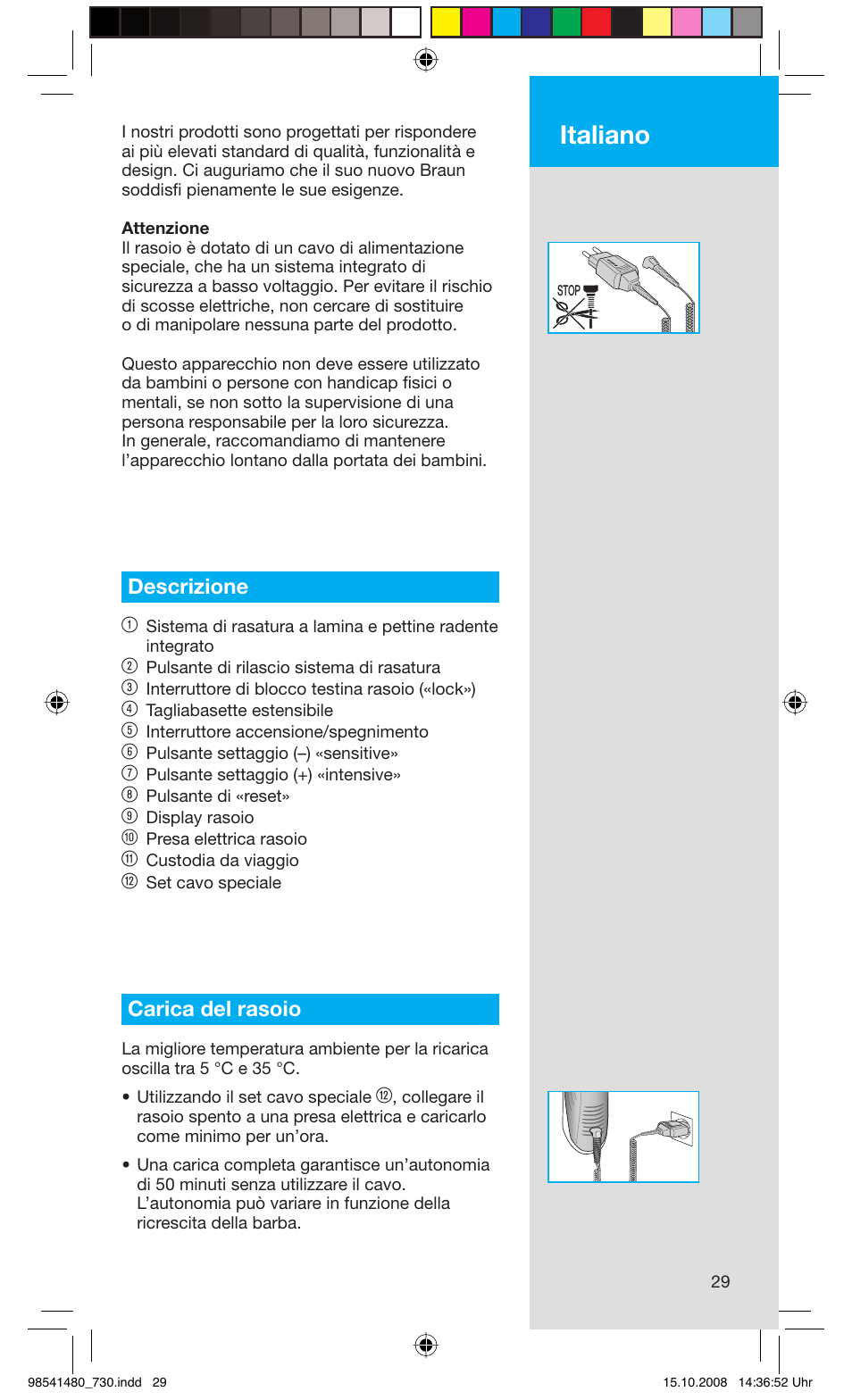 Italiano, Descrizione 1, Carica del rasoio | Braun 730-5694 Series 7 User Manual | Page 29 / 68