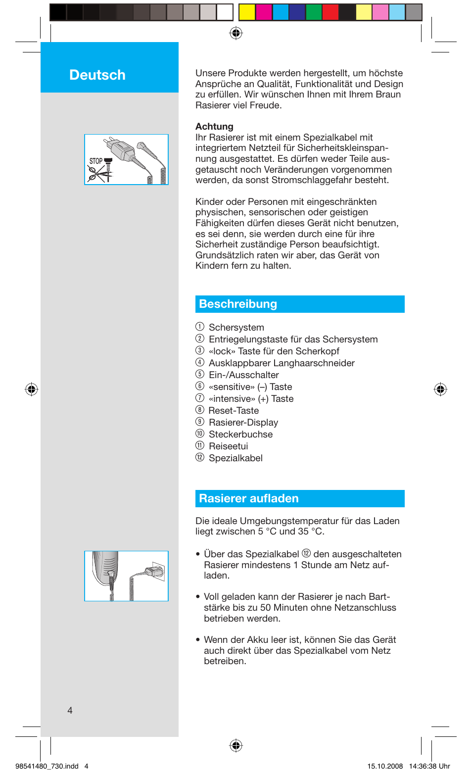 Deutsch, Beschreibung 1, Rasierer aufl aden | Braun 730-5694 Series 7 User Manual | Page 4 / 68