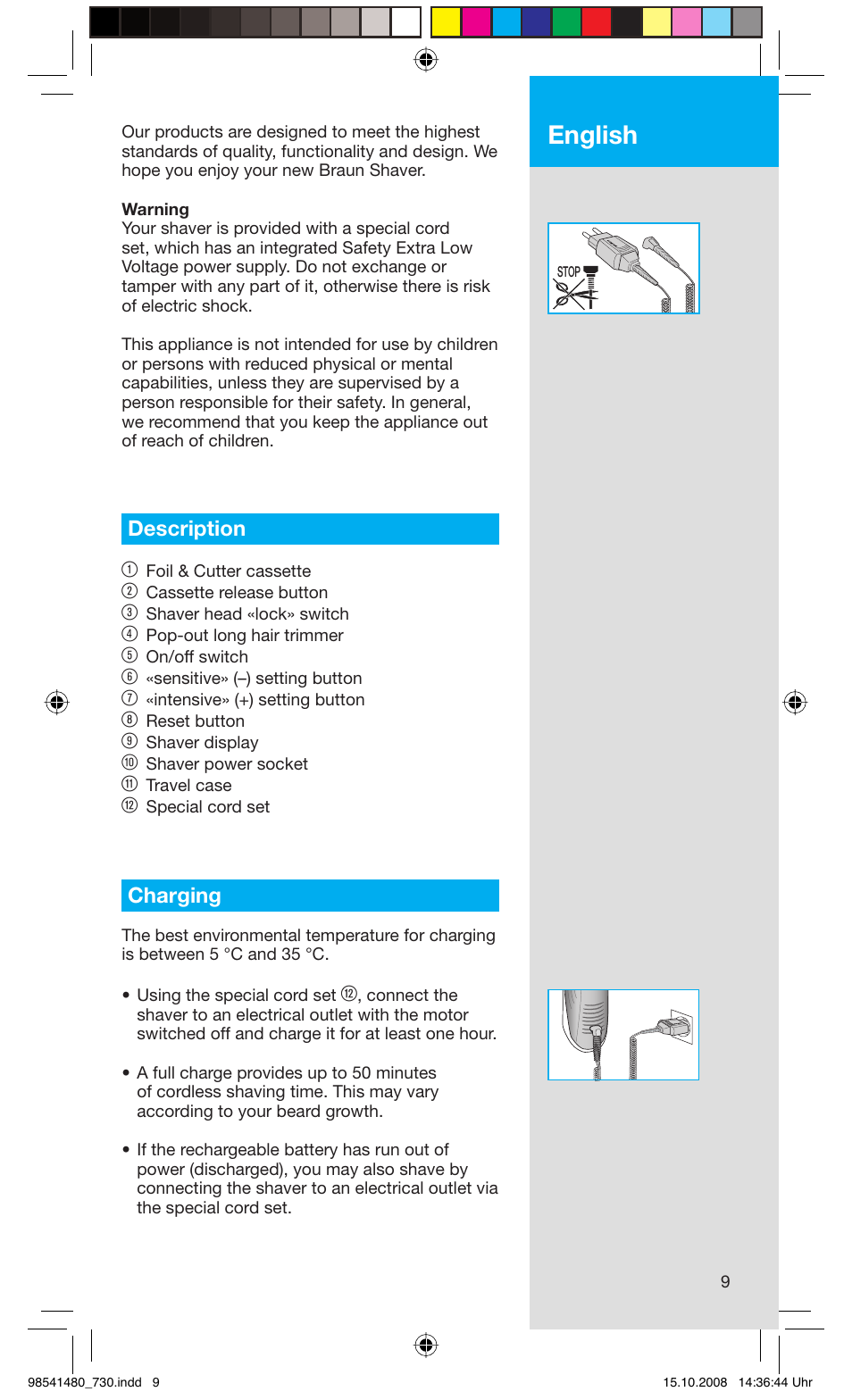 English, Description 1, Charging | Braun 730-5694 Series 7 User Manual | Page 9 / 68