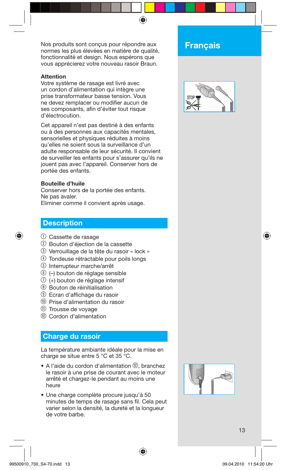 Français, Description 1, Charge du rasoir | Braun 730s-4 Series 7  EU User Manual | Page 13 / 67