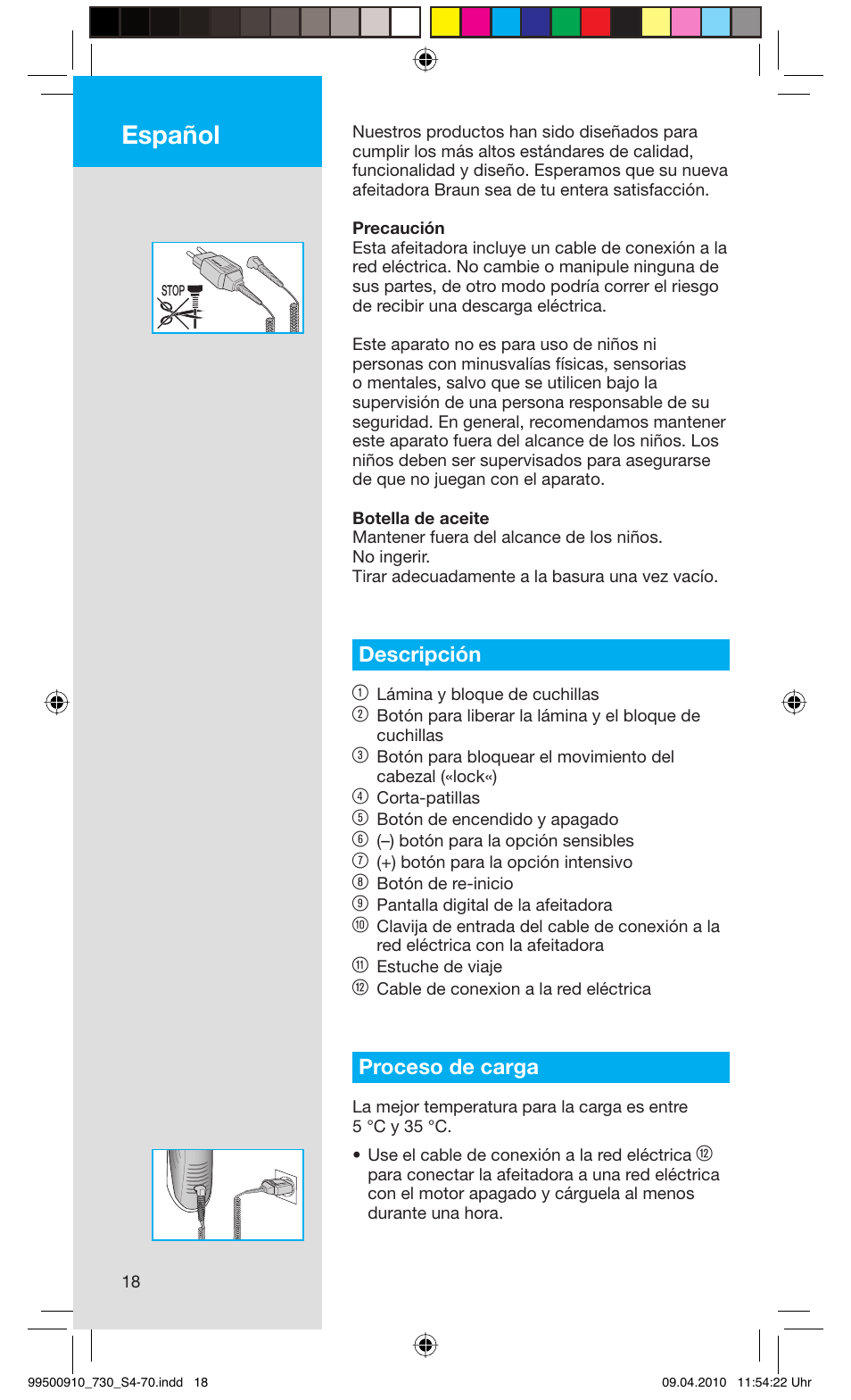 Español, Descripción 1, Proceso de carga | Braun 730s-4 Series 7  EU User Manual | Page 18 / 67