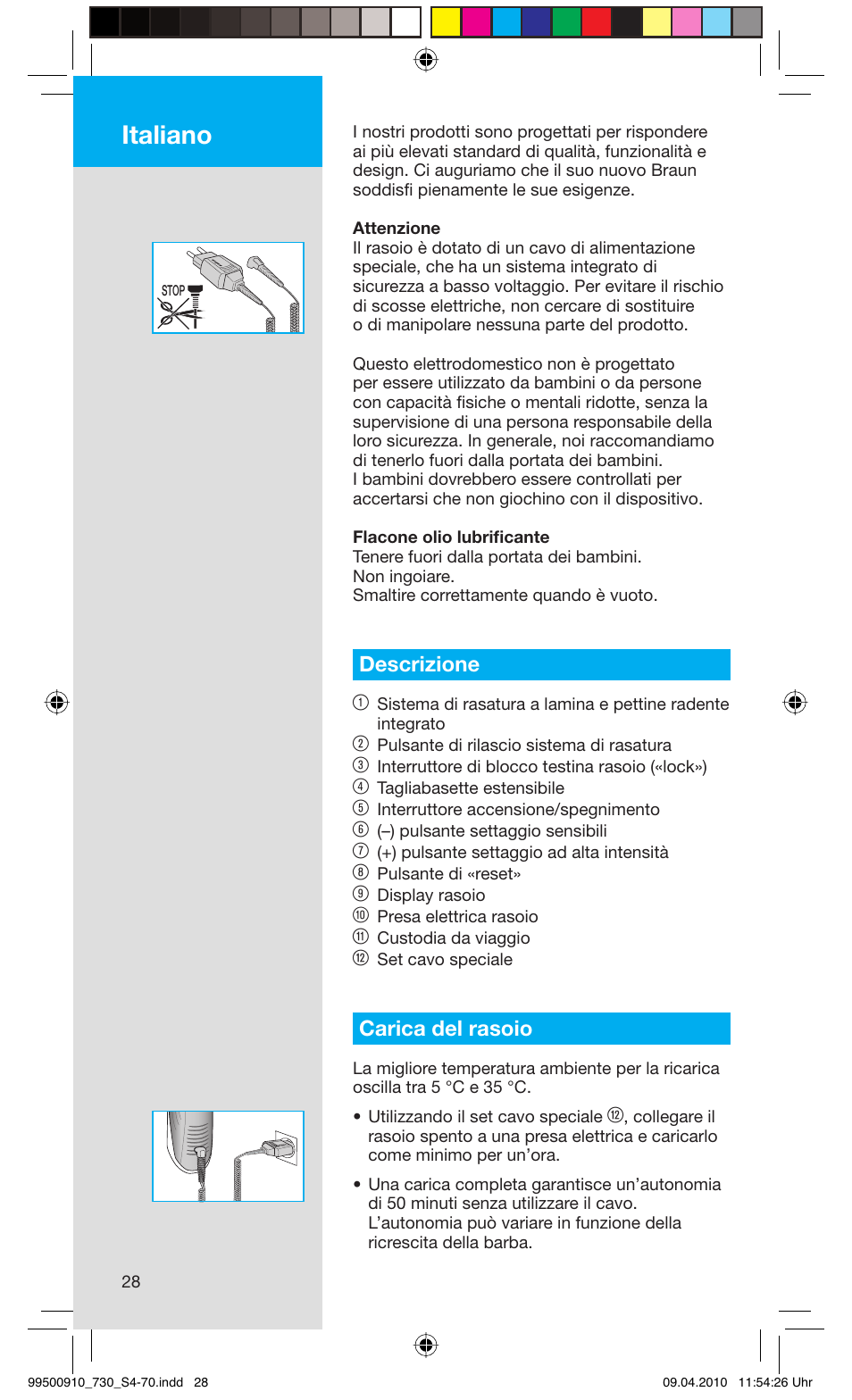 Italiano, Descrizione 1, Carica del rasoio | Braun 730s-4 Series 7  EU User Manual | Page 28 / 67