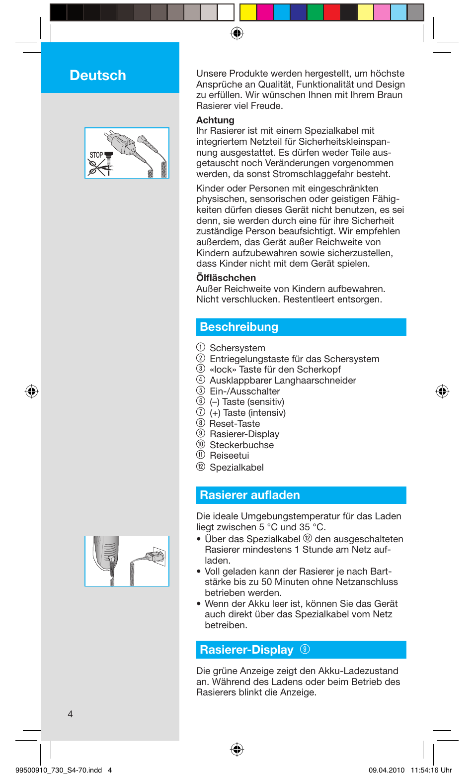 Deutsch, Beschreibung 1, Rasierer aufl aden | Rasierer-display | Braun 730s-4 Series 7  EU User Manual | Page 4 / 67