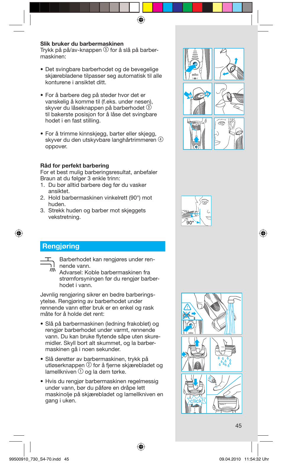 Rengjøring, For å fjerne skjærebladet og lamellkniven, Click | Braun 730s-4 Series 7  EU User Manual | Page 45 / 67