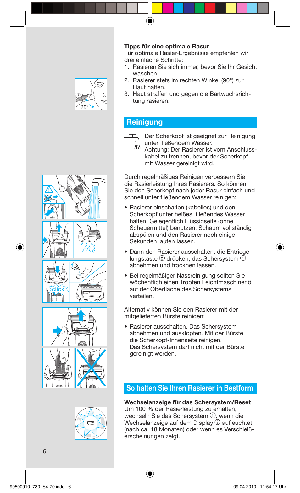 Reinigung, So halten sie ihren rasierer in bestform, Drücken, das schersystem | Wenn die wechselanzeige auf dem display, Click | Braun 730s-4 Series 7  EU User Manual | Page 6 / 67