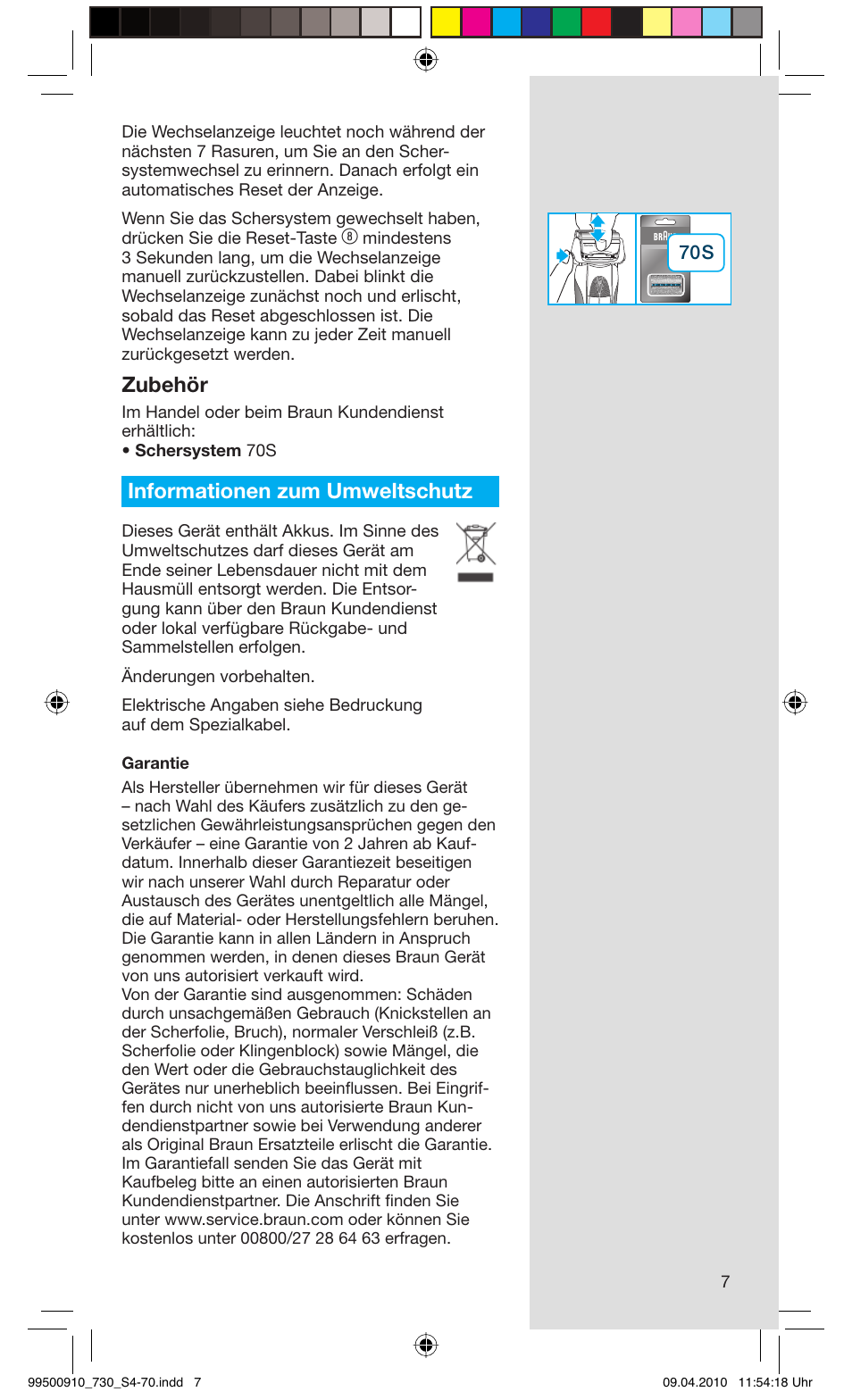 Zubehör, Informationen zum umweltschutz | Braun 730s-4 Series 7  EU User Manual | Page 7 / 67