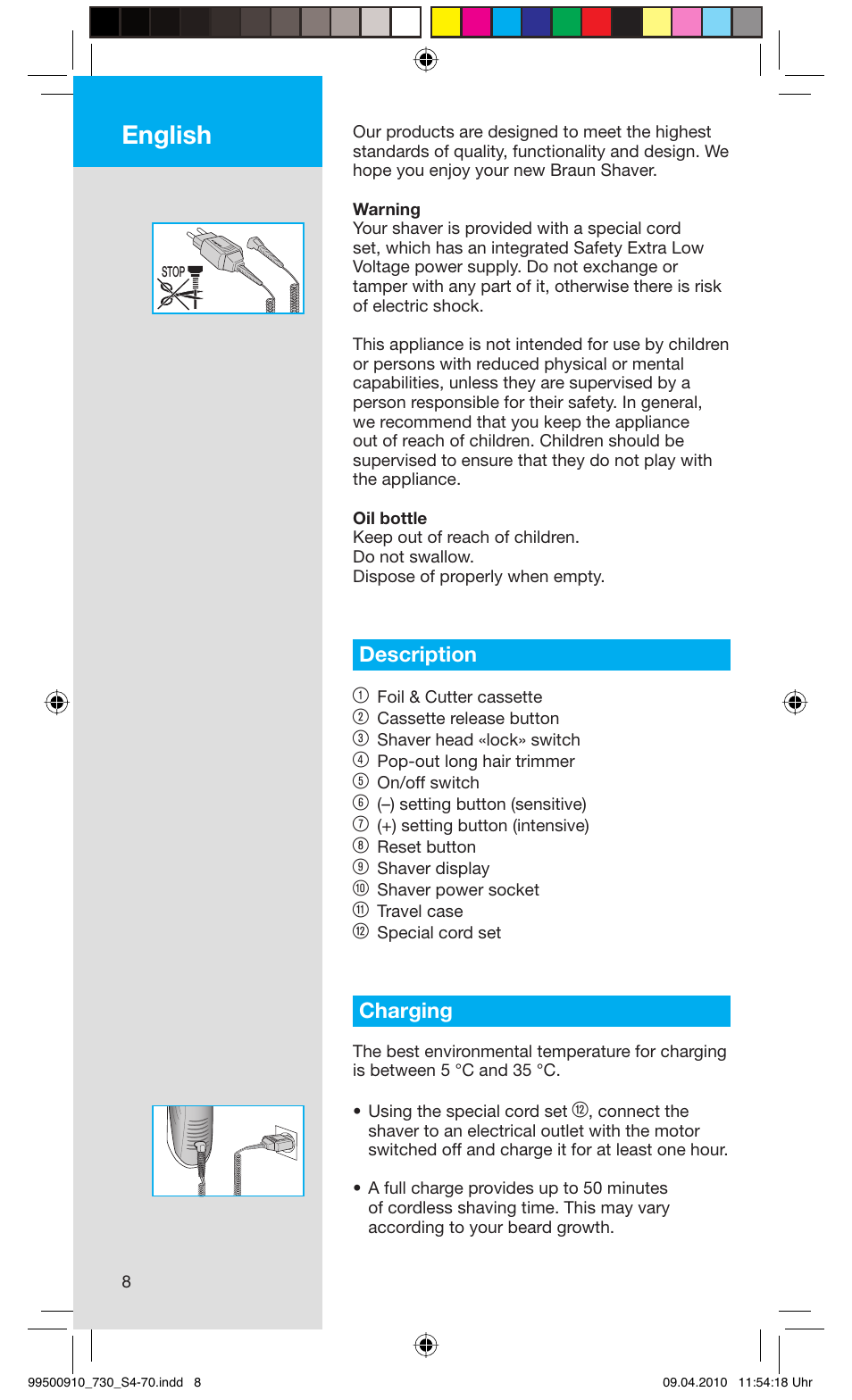 English, Description 1, Charging | Braun 730s-4 Series 7  EU User Manual | Page 8 / 67