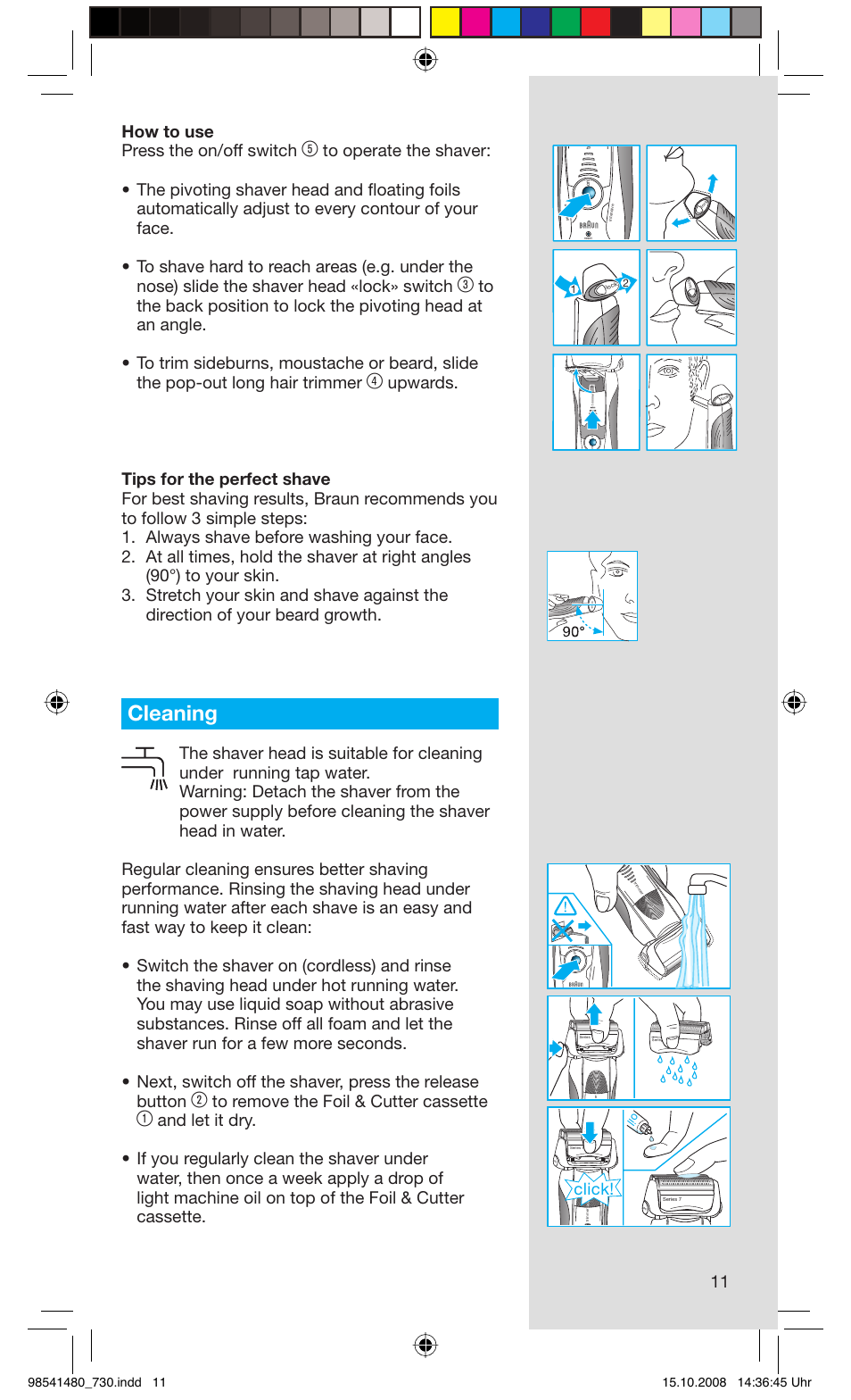 Cleaning, 11 how to use press the on/off switch, Click | Braun 720 Series 7 User Manual | Page 11 / 68