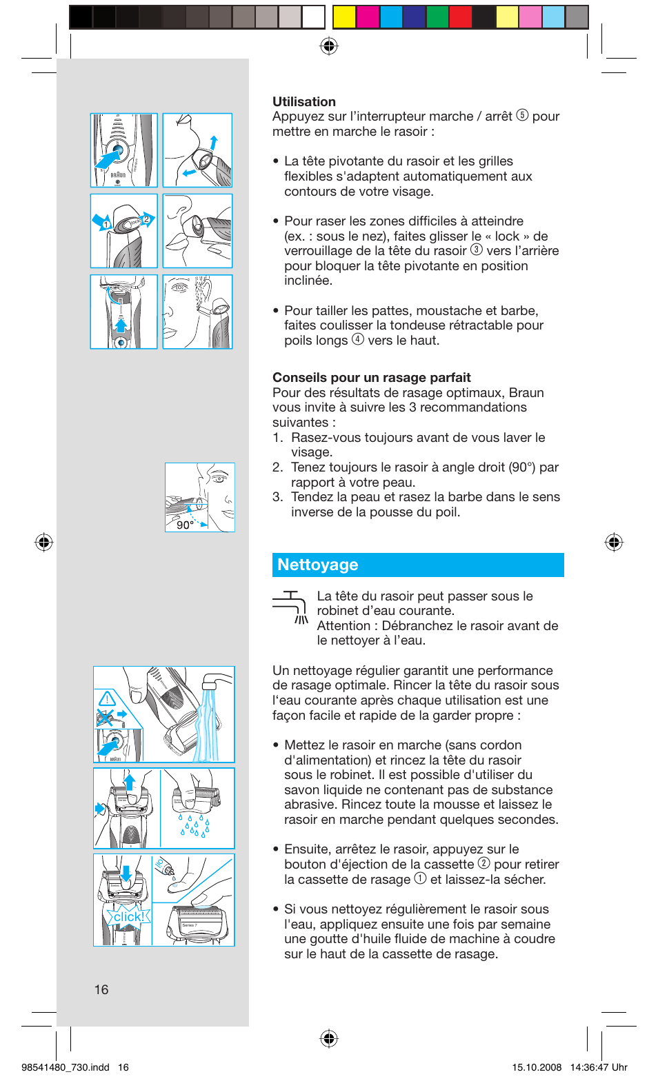 Nettoyage, Pour retirer la cassette de rasage, Click | Braun 720 Series 7 User Manual | Page 16 / 68
