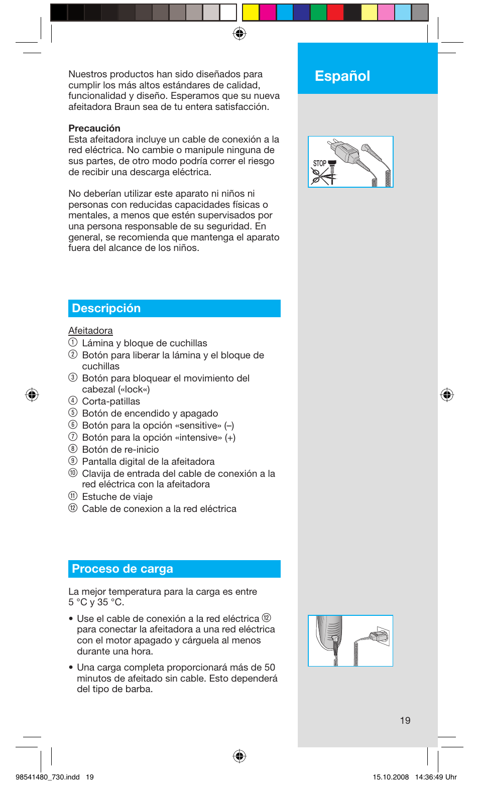 Español, Descripción, Proceso de carga | Braun 720 Series 7 User Manual | Page 19 / 68