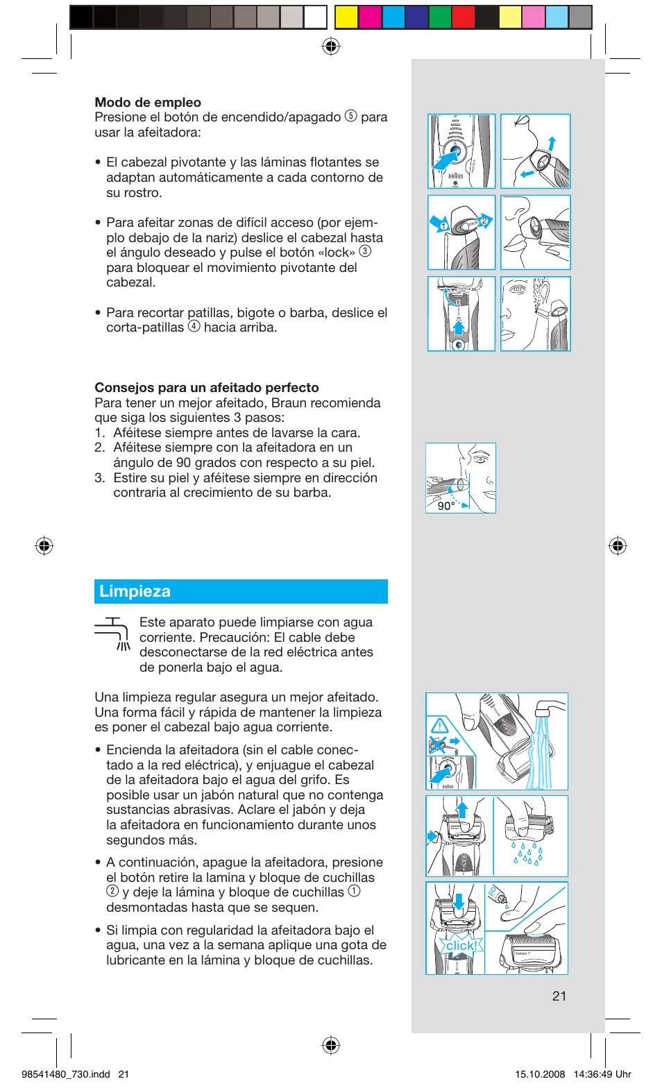 Limpieza, Y deje la lámina y bloque de cuchillas, Click | Braun 720 Series 7 User Manual | Page 21 / 68