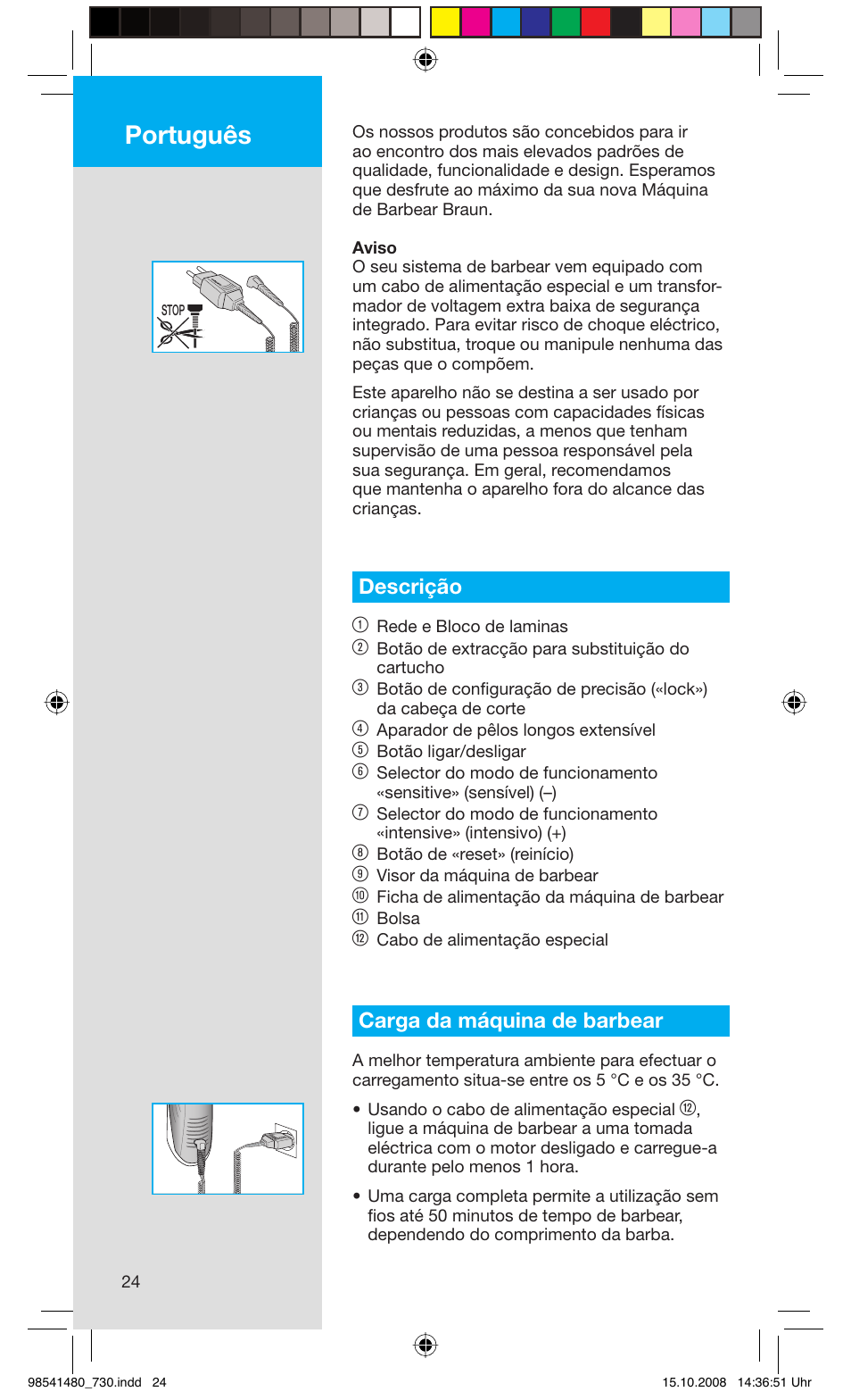 Português, Descrição 1, Carga da máquina de barbear | Braun 720 Series 7 User Manual | Page 24 / 68