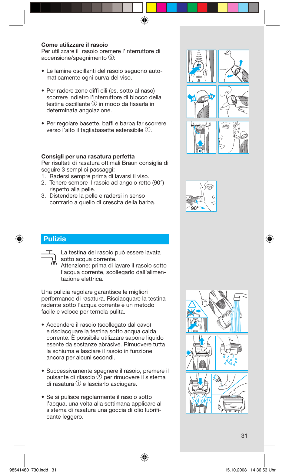 Pulizia, Per rimuovere il sistema di rasatura, Click | Braun 720 Series 7 User Manual | Page 31 / 68