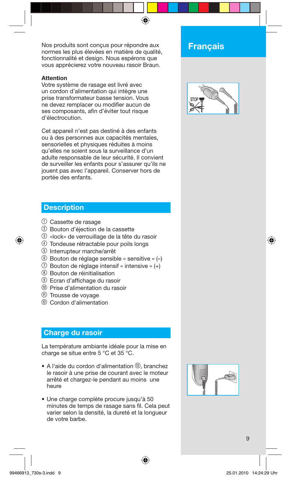 Français, Description 1, Charge du rasoir | Braun 720s-3 Series 7  EU User Manual | Page 9 / 63