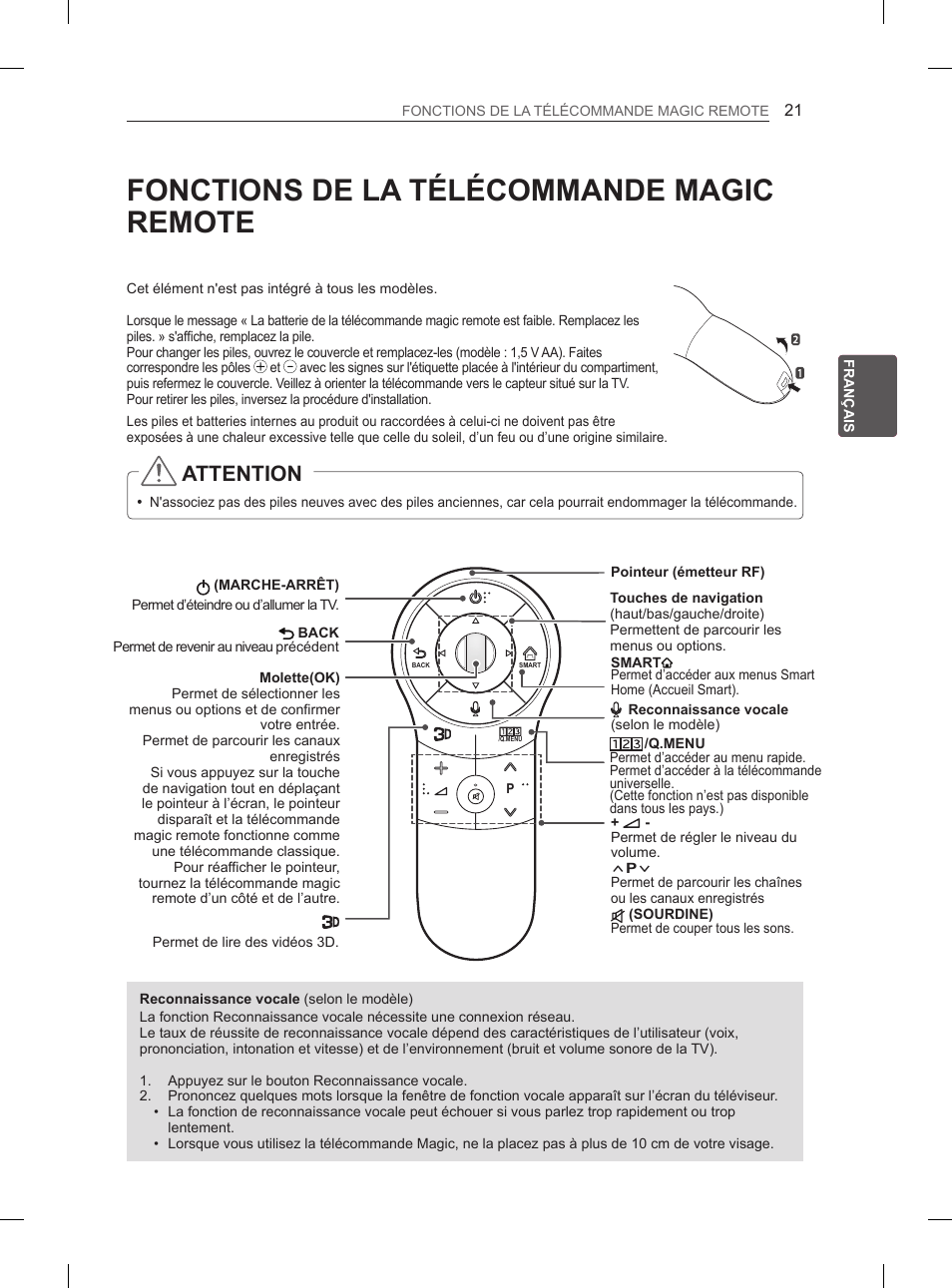 Fonctions de la télécommande magic remote, Attention | LG 50PH6608 User Manual | Page 108 / 275