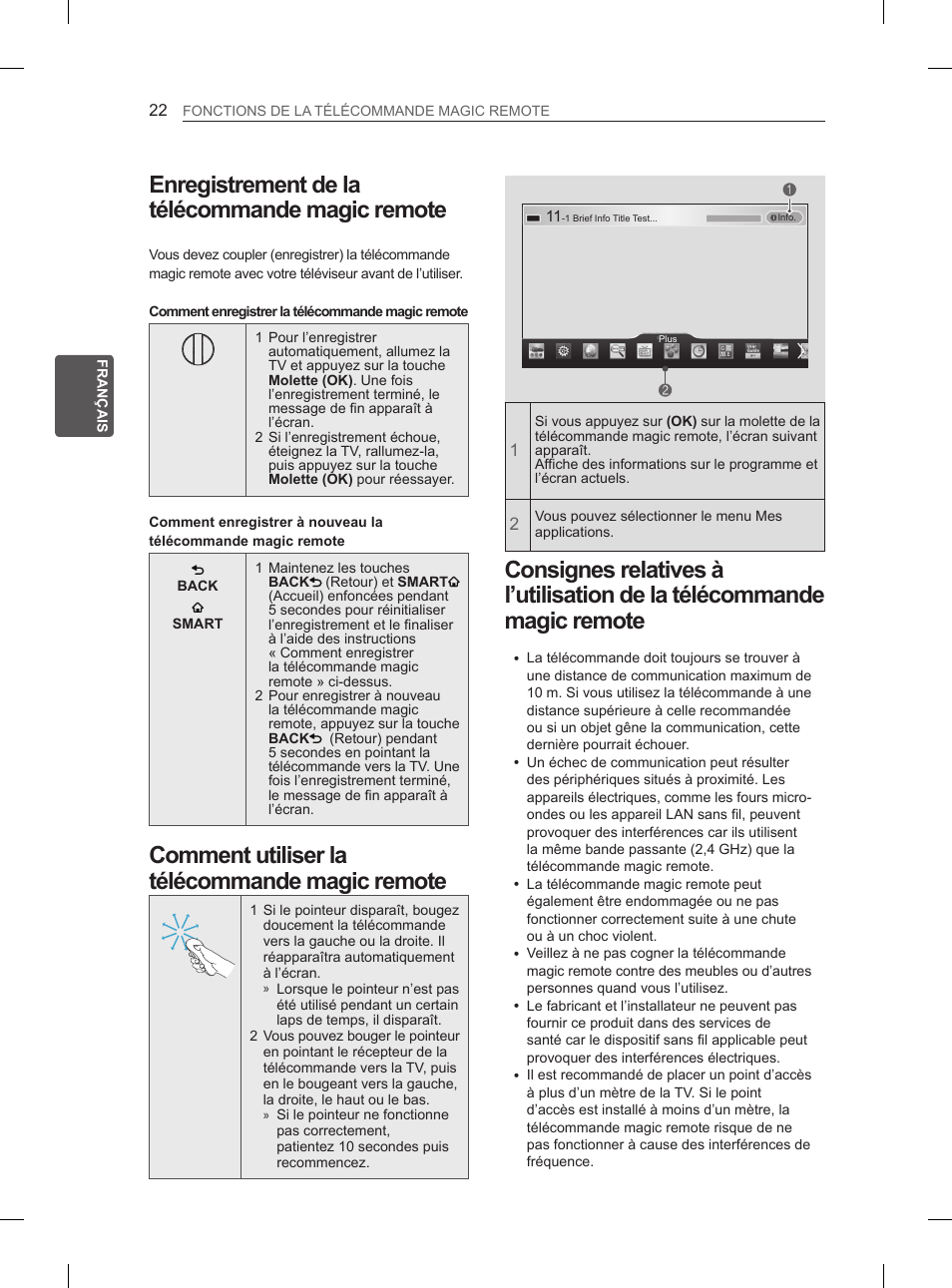 Enregistrement de la télécommande magic remote, Comment utiliser la télécommande magic remote, Consignes relatives à l’utilisation de la | Télécommande magic remote | LG 50PH6608 User Manual | Page 109 / 275