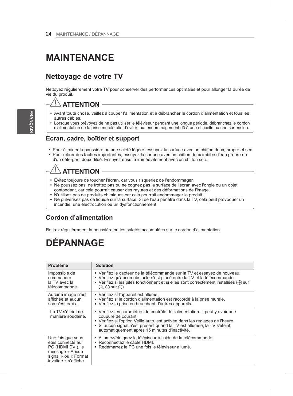 Maintenance, Nettoyage de votre tv, Écran, cadre, boîtier et support | Cordon d’alimentation, Dépannage, 24 maintenance, 24 dépannage, Attention | LG 50PH6608 User Manual | Page 111 / 275