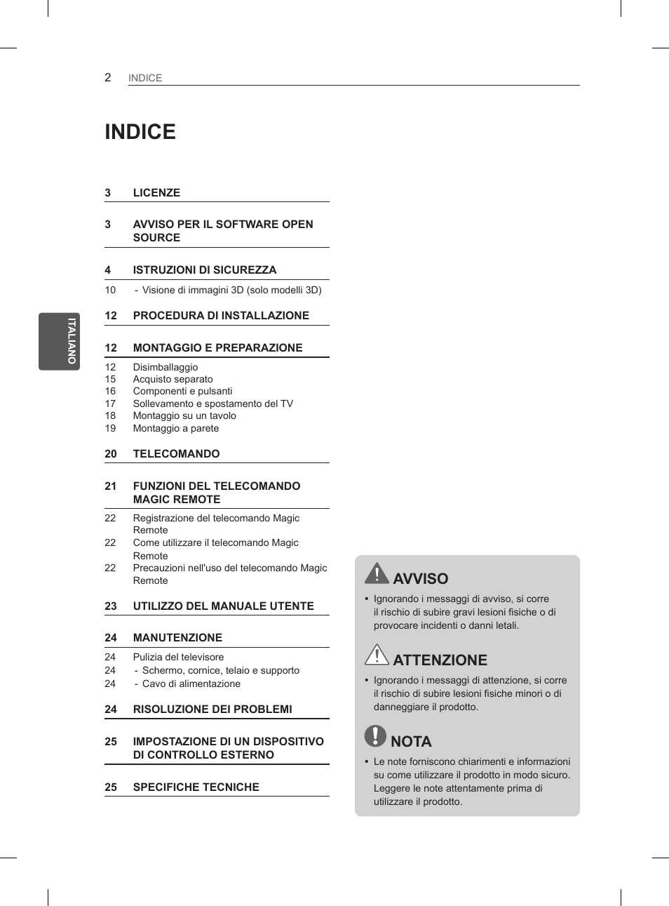 Indice, Avviso, Attenzione | Nota | LG 50PH6608 User Manual | Page 115 / 275