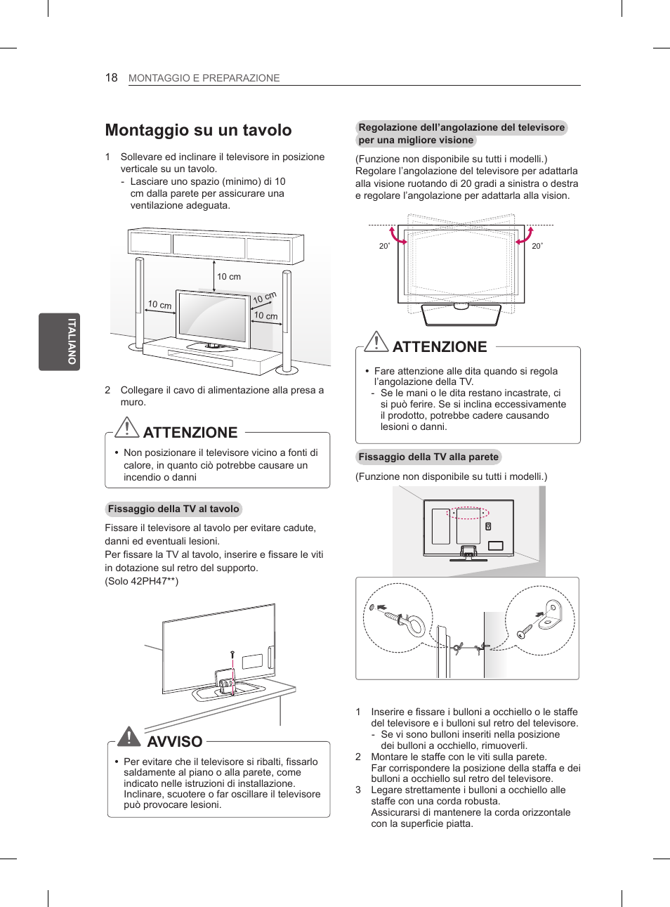 Montaggio su un tavolo, Attenzione, Avviso | LG 50PH6608 User Manual | Page 131 / 275