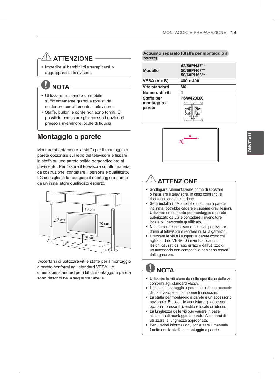 Montaggio a parete, Attenzione, Nota | LG 50PH6608 User Manual | Page 132 / 275