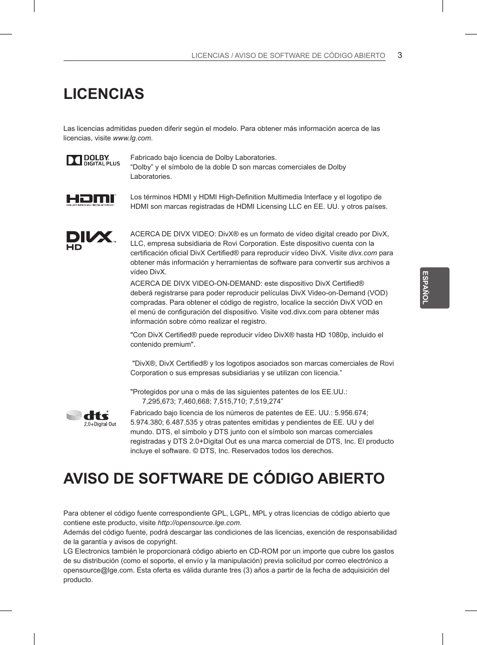 Licencias, Aviso de software de código abierto, Aviso de software de código | Abierto | LG 50PH6608 User Manual | Page 142 / 275