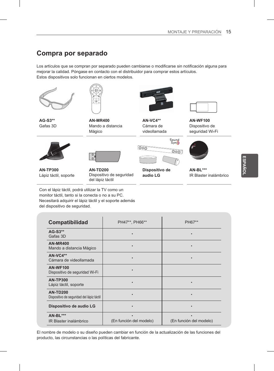 Compra por separado, Compatibilidad | LG 50PH6608 User Manual | Page 154 / 275