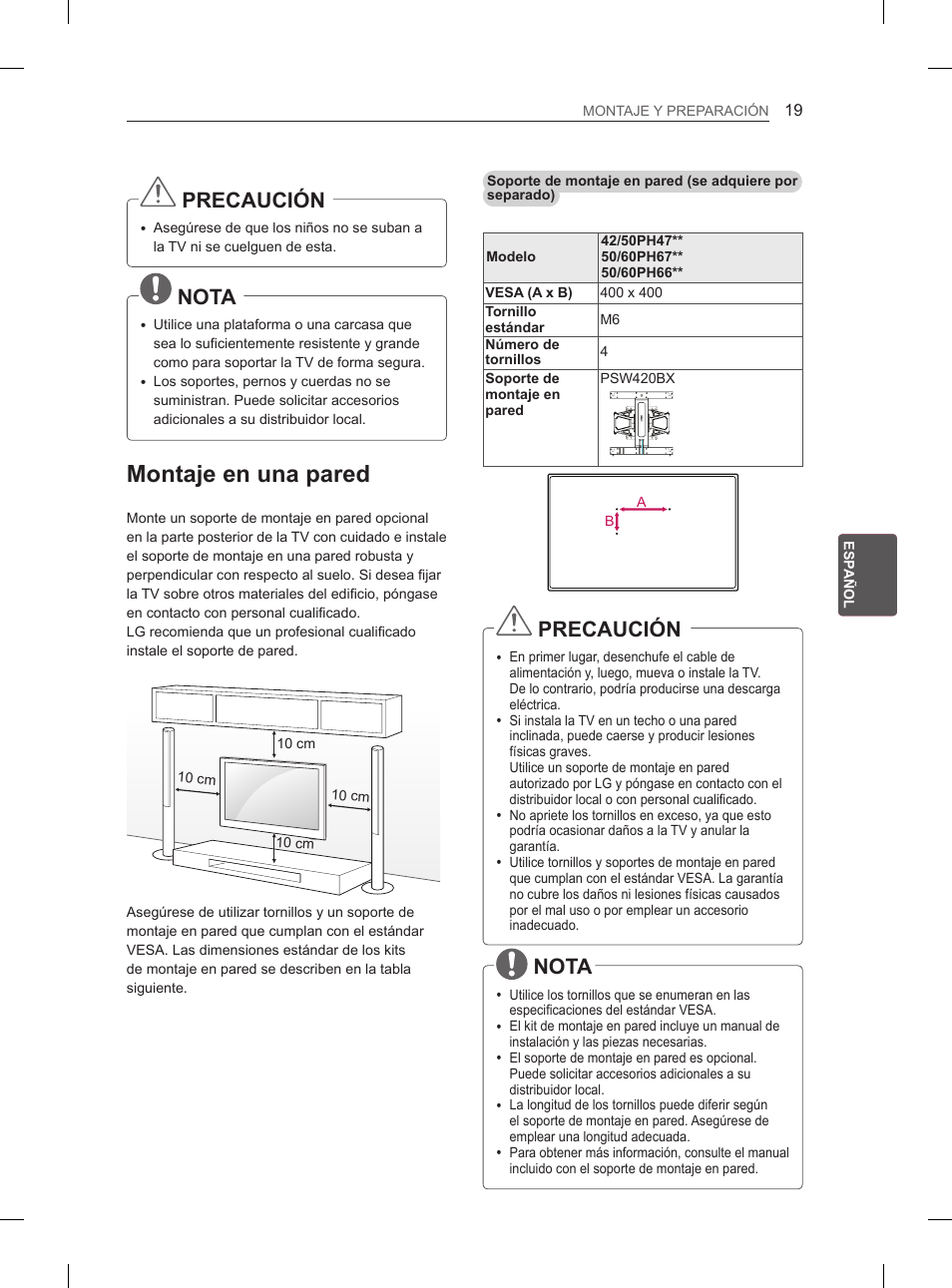 Montaje en una pared, Precaución, Nota | LG 50PH6608 User Manual | Page 158 / 275