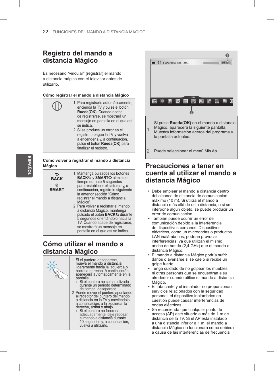 Registro del mando a distancia mágico, Cómo utilizar el mando a distancia mágico, Precauciones a tener en cuenta al utilizar el | Mando a distancia mágico | LG 50PH6608 User Manual | Page 161 / 275